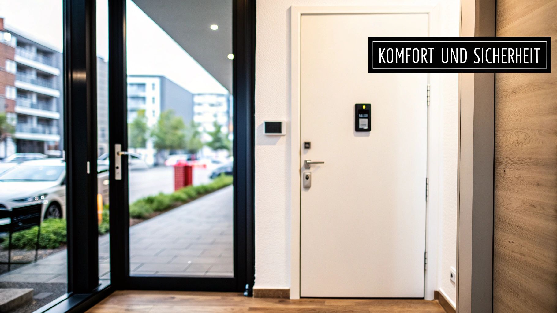 Moderner Eingangsbereich mit elektronischer weißer Wohnungstür, Sicherheitsfunktionen und Blick ins Freie durch eine Glastür.