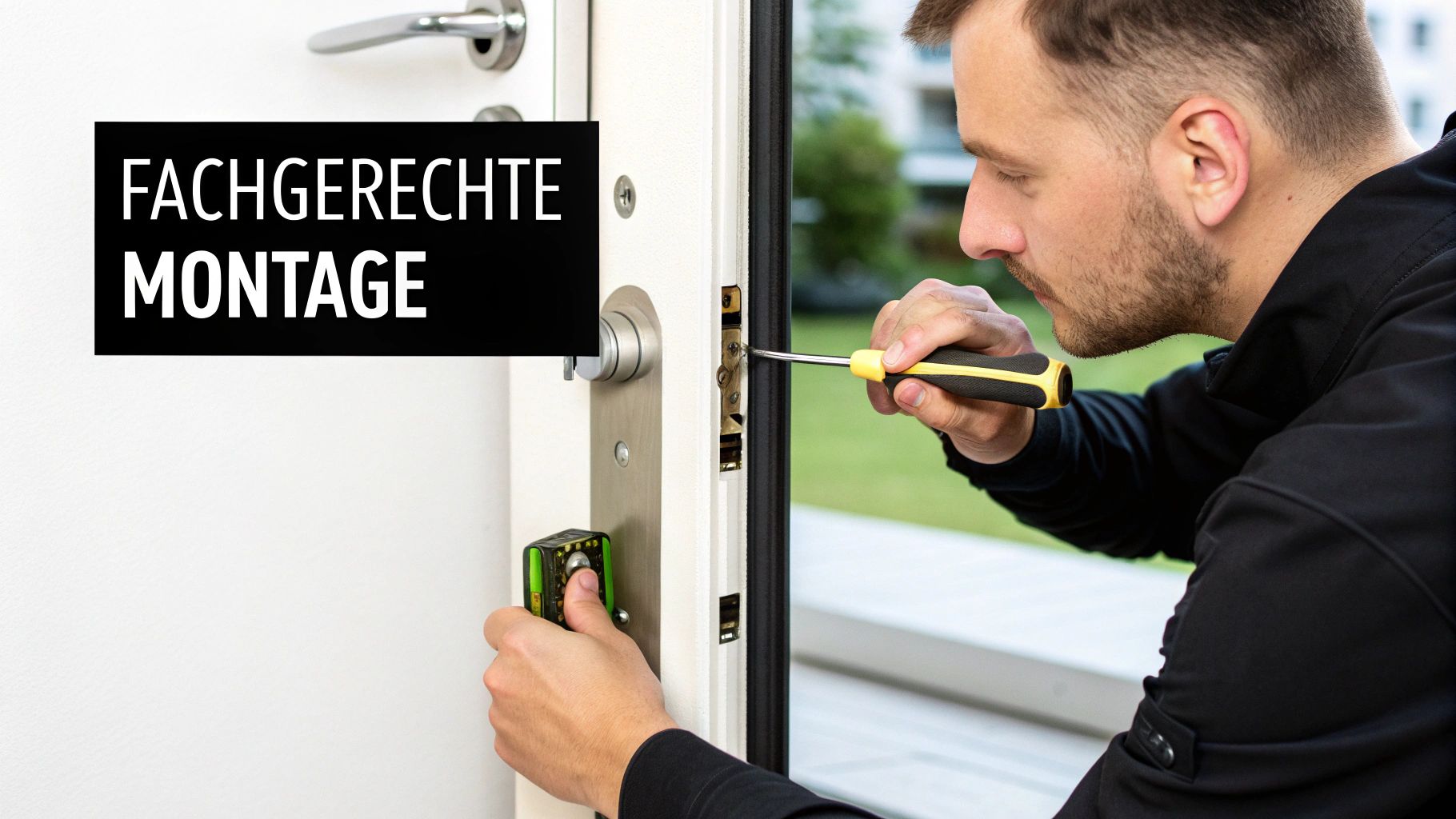 Fachgerechte Montage eines Türschlosses durch einen Handwerker mit Schraubendreher und Werkzeug an einer weißen Tür.