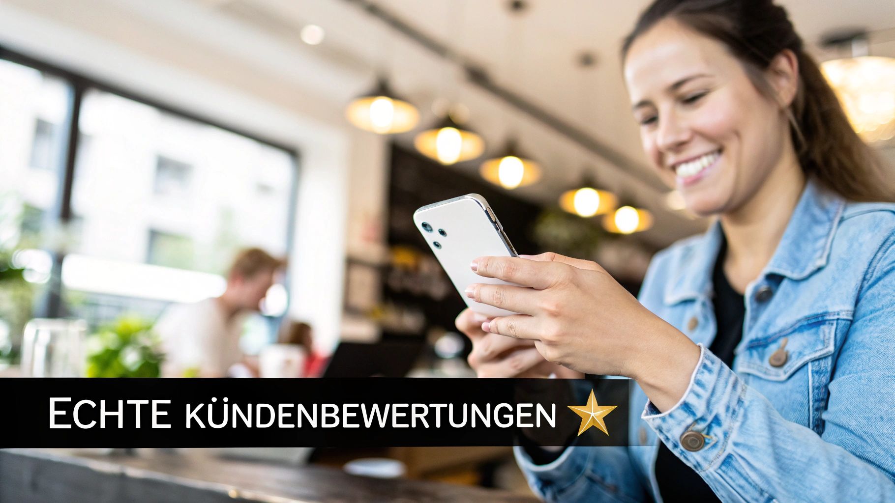 A laughing woman in a cafe reads genuine customer reviews on her smartphone with a star symbol.