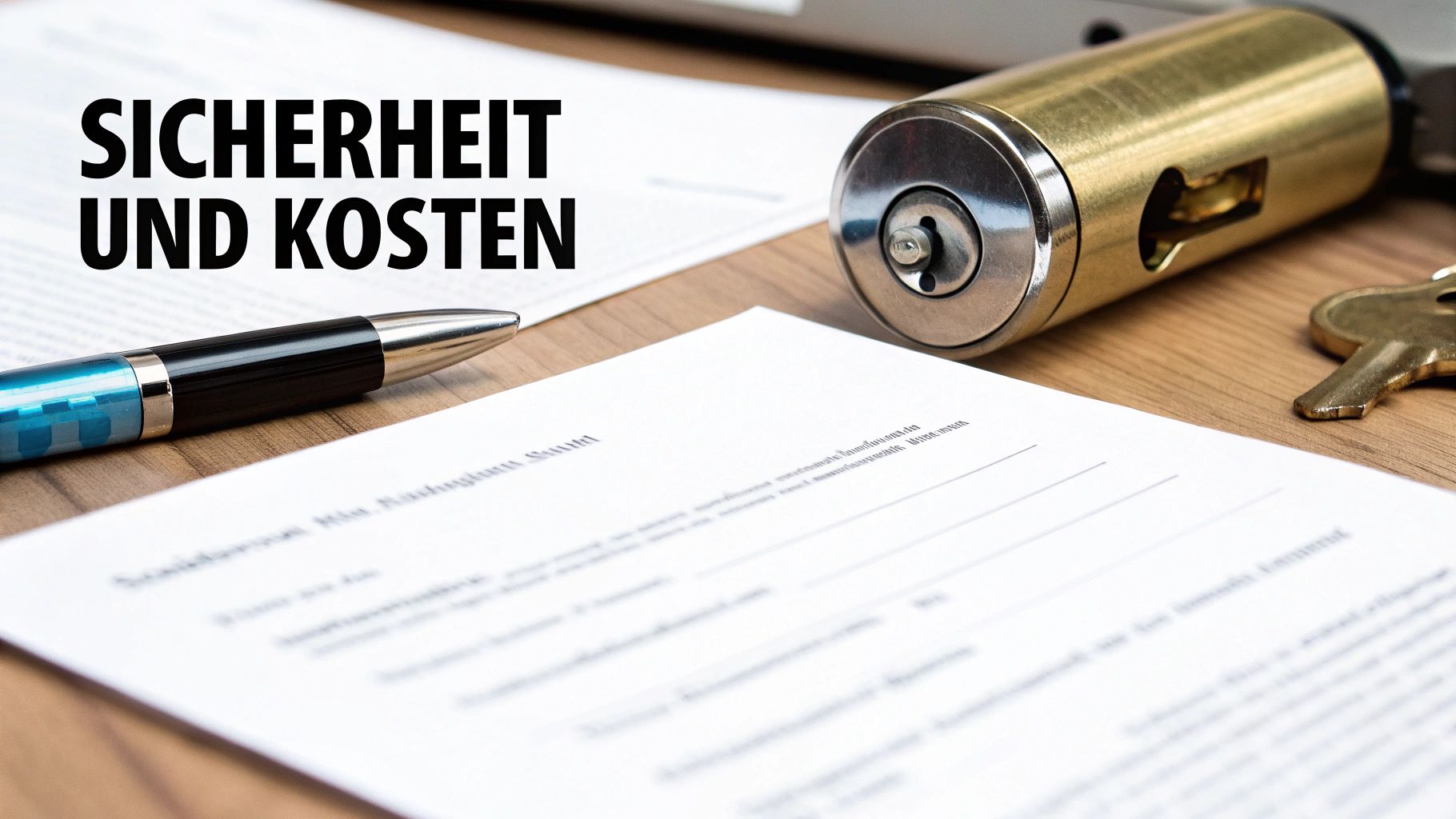 Dokumente, Stift, Schließzylinder und Schlüssel auf einem Holztisch, mit Text 'Sicherheit und Kosten'.