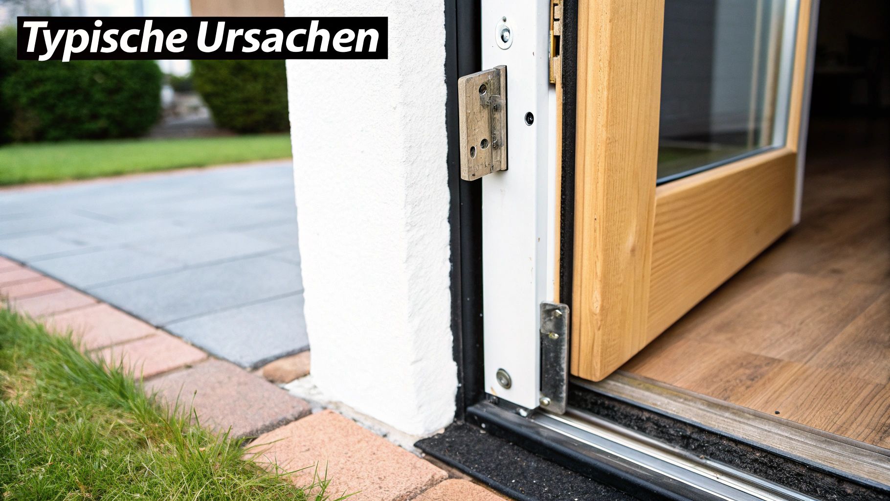 Nahaufnahme einer offenen Holz-Terrassentür mit Rahmen, Schwelle und angrenzender weißer Wand. Überschrift: Typische Ursachen.