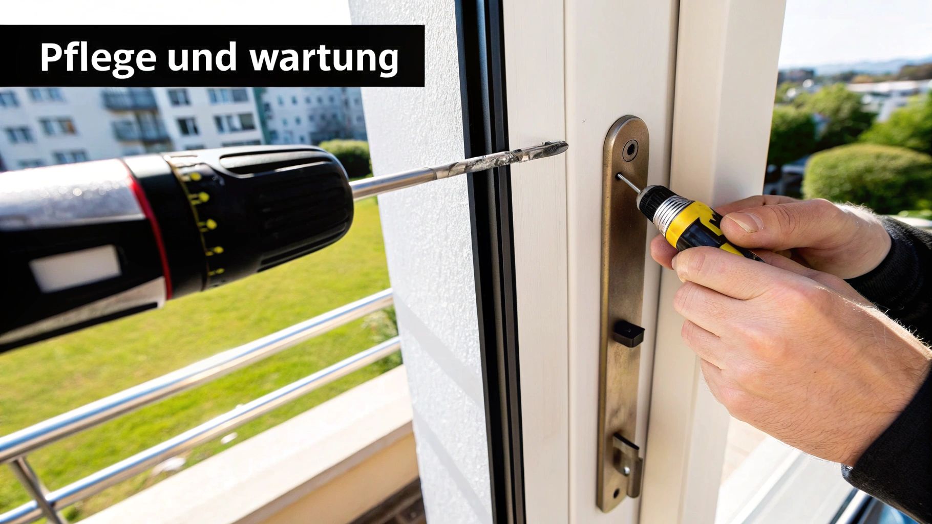 Nahaufnahme von Händen, die ein Türschloss mit einem Schraubenzieher warten, mit einem Bohrer im Hintergrund.