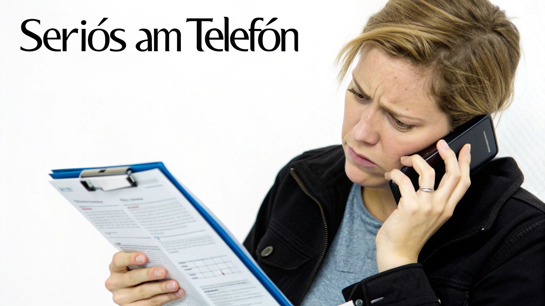 Frau telefoniert und blickt ernst, während sie ein Klemmbrett mit Notizen hält.