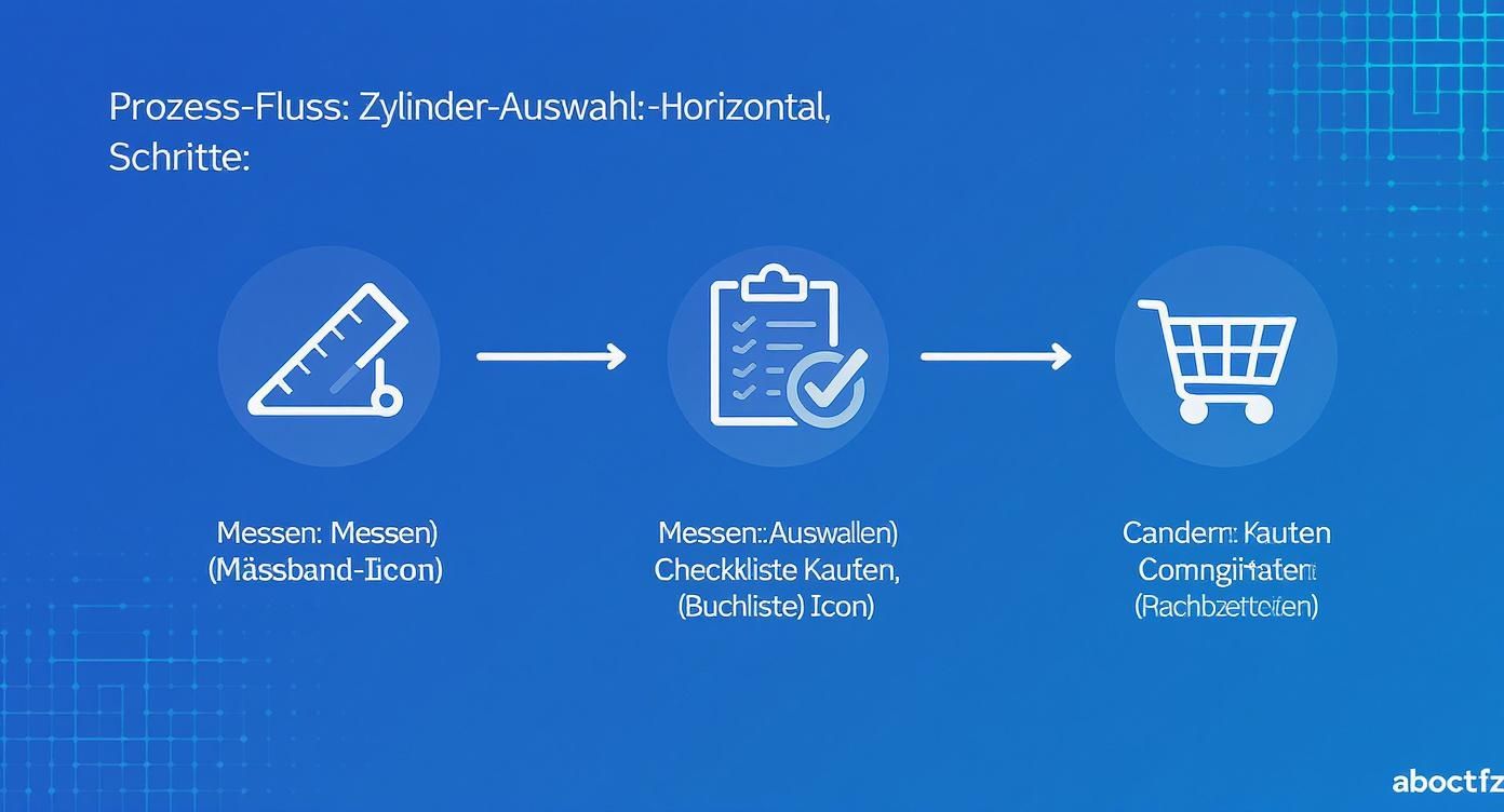 Horizontaler Prozessfluss für Zylinder-Auswahl: Messen, Auswählen und Kaufen. Eine visuelle Schritt-für-Schritt-Anleitung mit Icons.