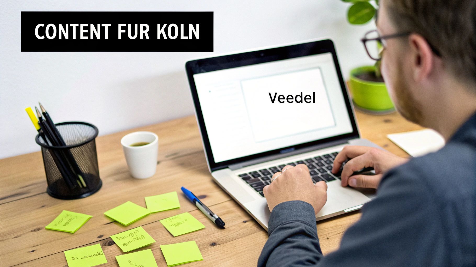 Eine Person tippt auf einem Laptop mit 'Veedel' auf dem Bildschirm, umgeben von Notizen und Stiften, bei der Arbeit an Inhalten für Köln.