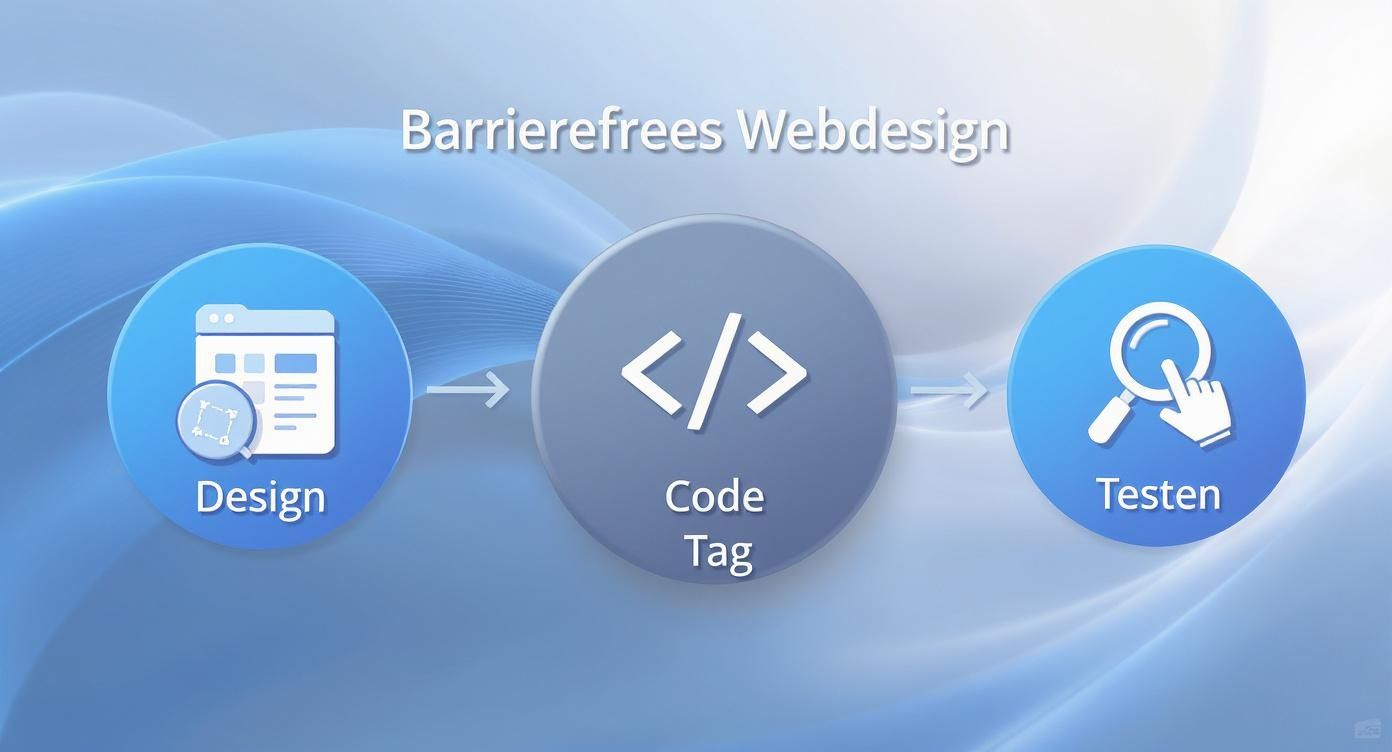 Infografik, die den Prozess des barrierefreien Webdesigns in den Schritten Design, Code und Testen darstellt.