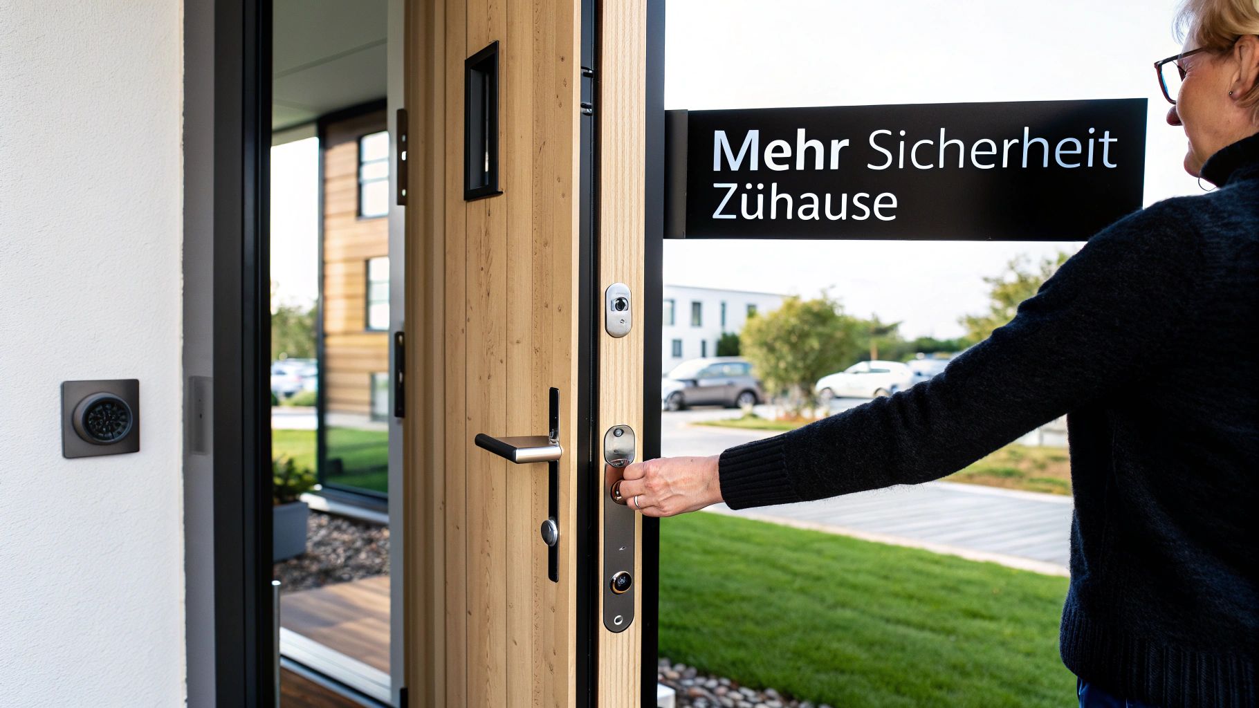 Frau öffnet Haustür mit Sicherheitsschloss und Türspion für mehr Sicherheit zuhause