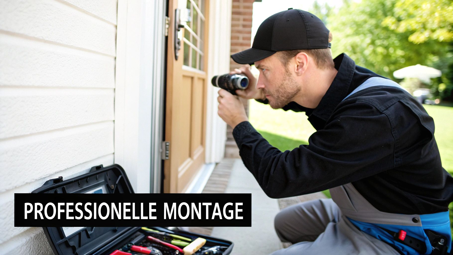 Ein Techniker installiert einen digitalen Türspion an einer Haustür, mit einem geöffneten Werkzeugkasten daneben.