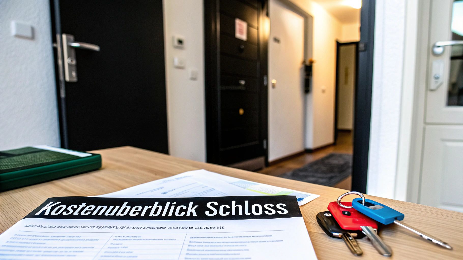 Ein Holztisch mit Schlüsseln, Dokumenten und einer grünen Mappe im Vordergrund. Im Hintergrund sind Türen und ein Flur zu sehen.