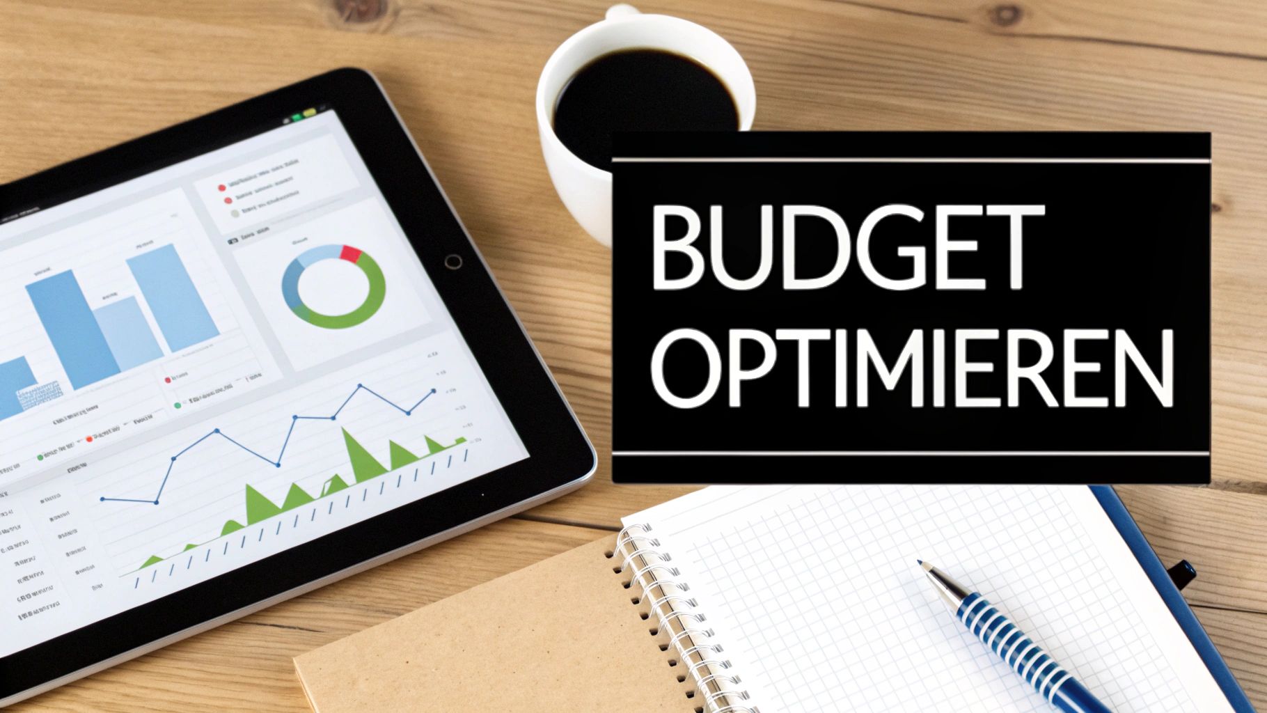 Tablet con grafici finanziari, caffè, quaderno e cartello "OTTIMIZZA IL BUDGET" su un tavolo di legno.