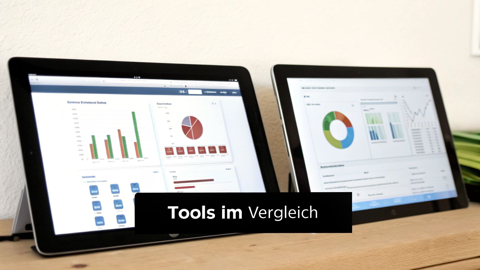 Zwei Tablets zeigen verschiedene Daten-Dashboards mit Diagrammen und Grafiken, die Tools im Vergleich illustrieren.