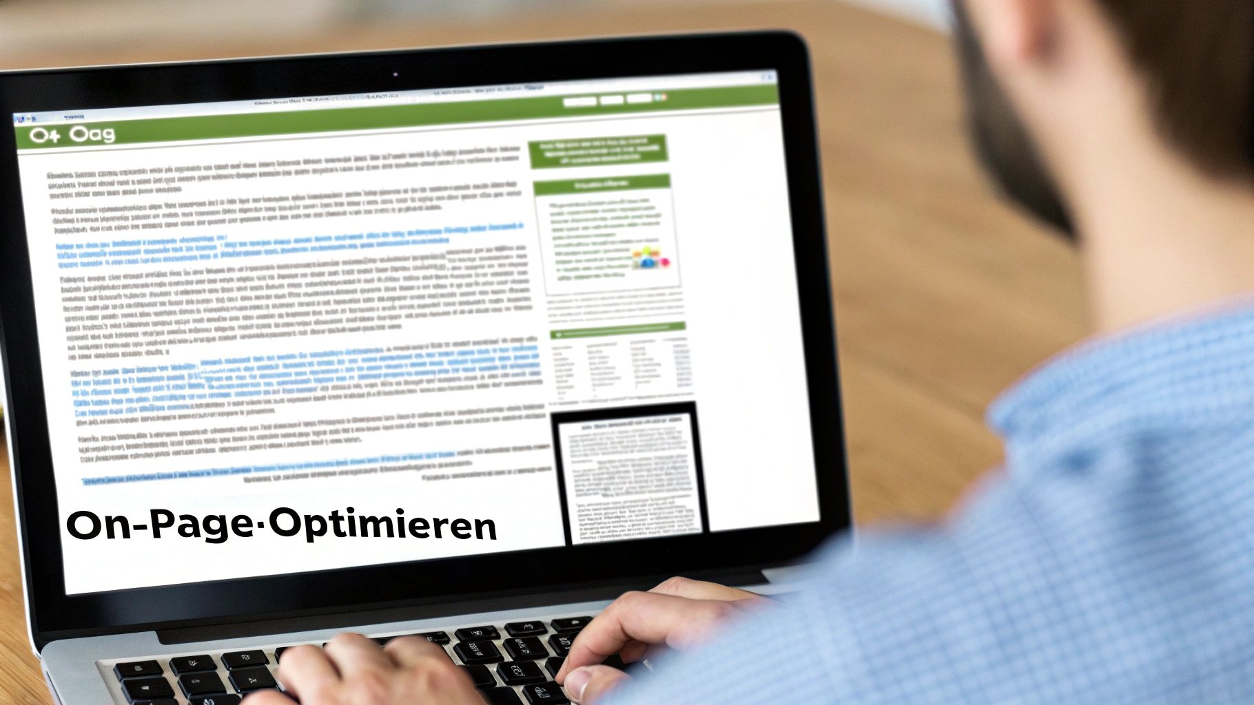 Eine Person tippt auf einem Laptop, der eine Webseite über On-Page-Optimierung anzeigt.