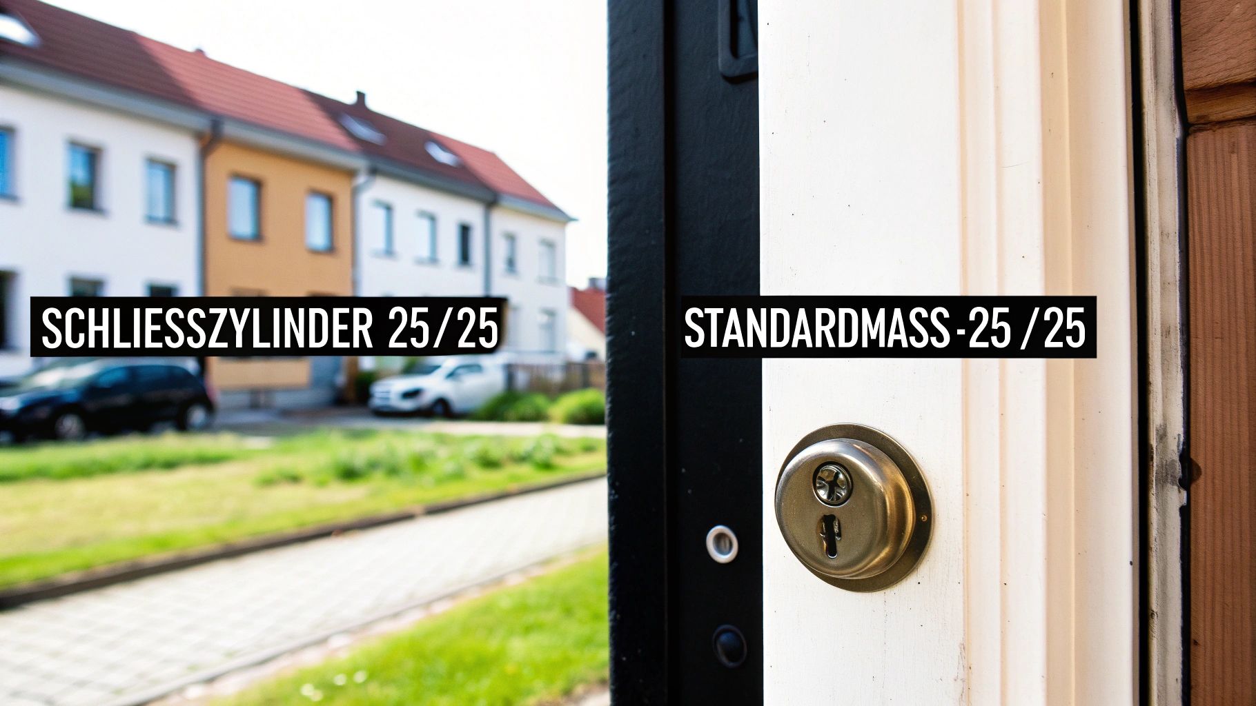 Nahaufnahme eines Türschlosses mit Textfeldern, die Schließzylindermaße 25/25 und Standardmaß 25/25 anzeigen.