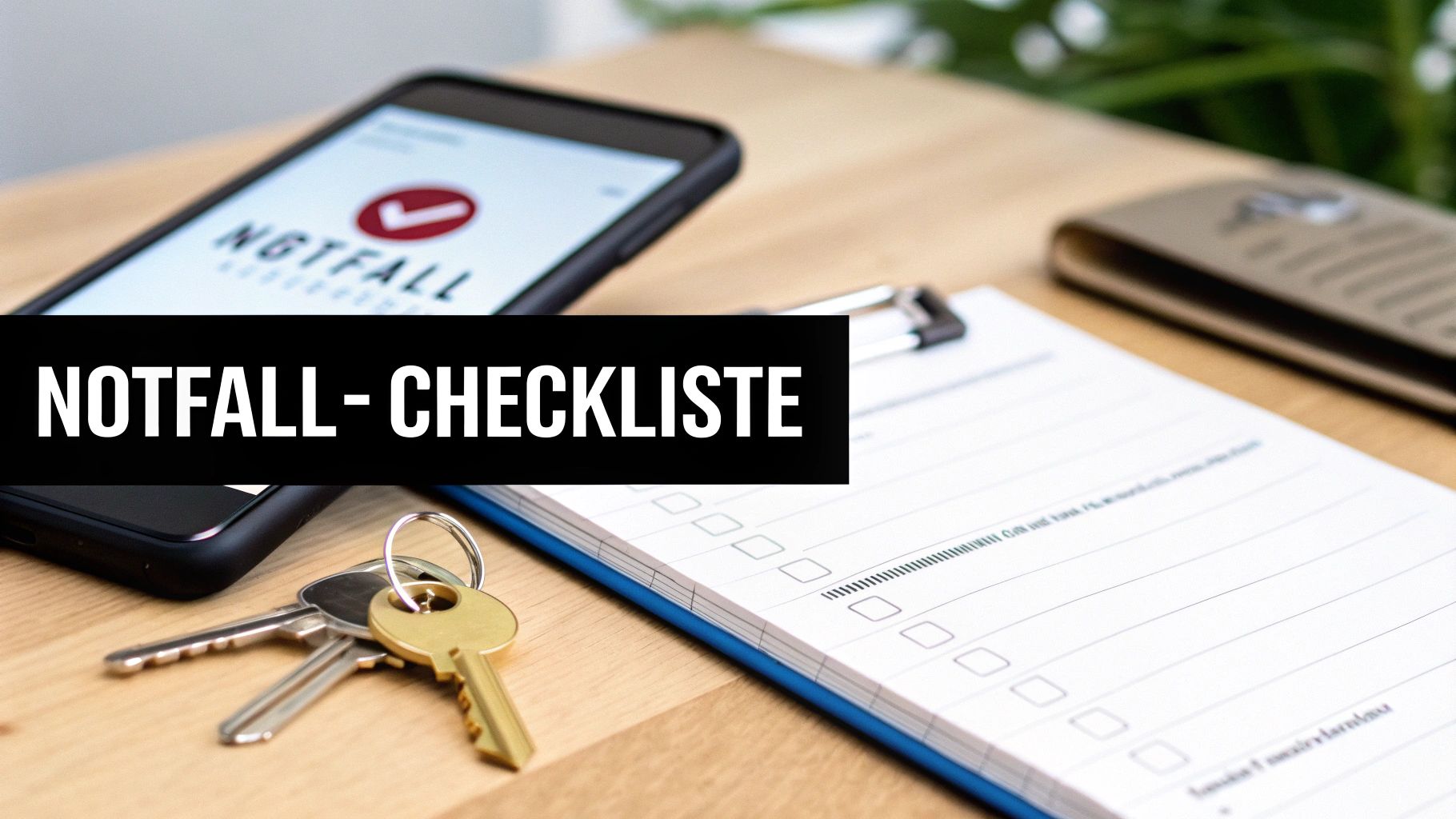 Ein Smartphone mit einer Notfall-App, Schlüssel und eine Notfall-Checkliste auf einem Klemmbrett liegen auf einem Holztisch.