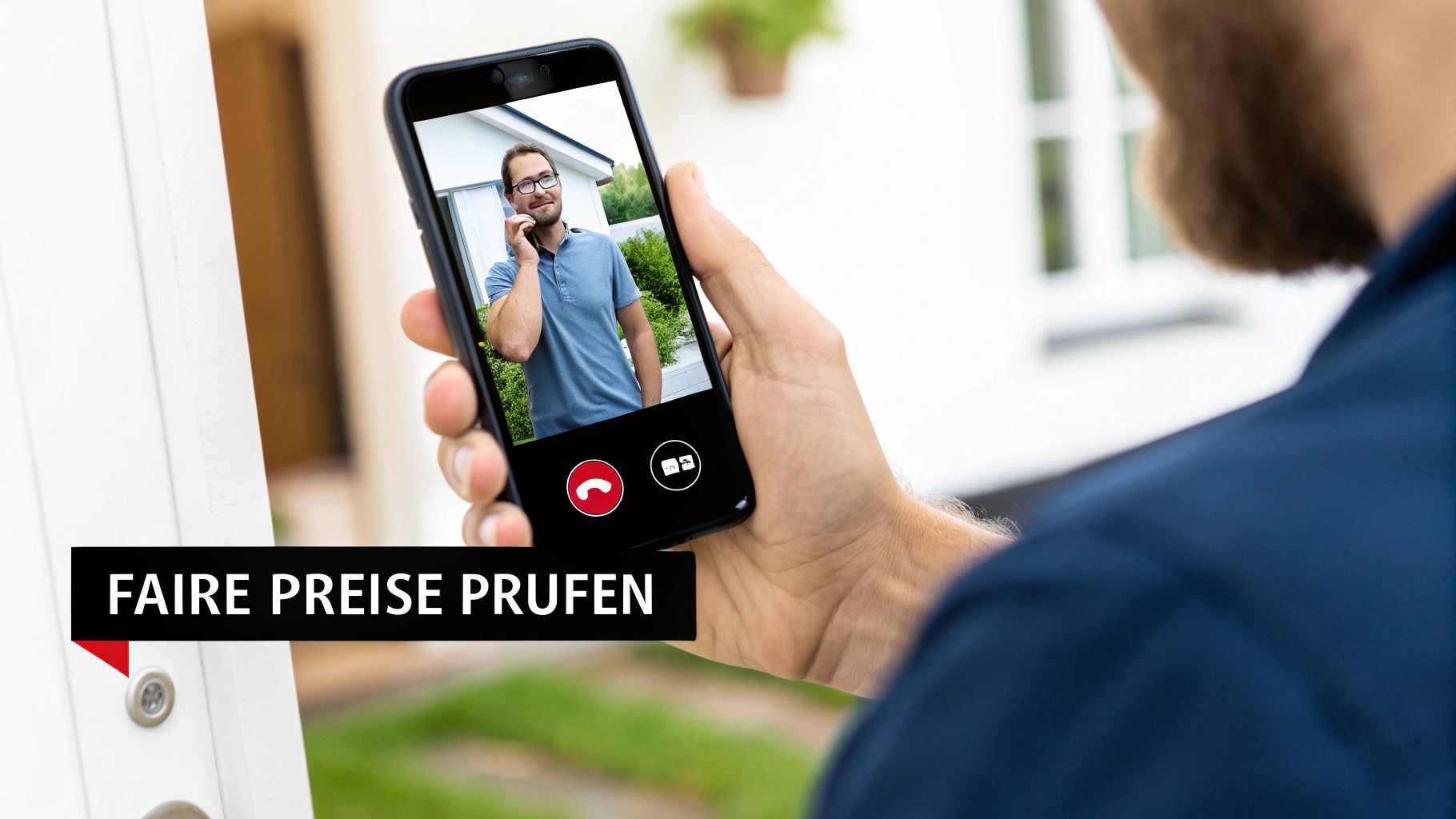 Eine Person hält ein Smartphone mit einem Videoanruf, der einen Mann zeigt, der telefoniert. Unten links ein Banner mit 'FAIRE PREISE PRÜFEN'.