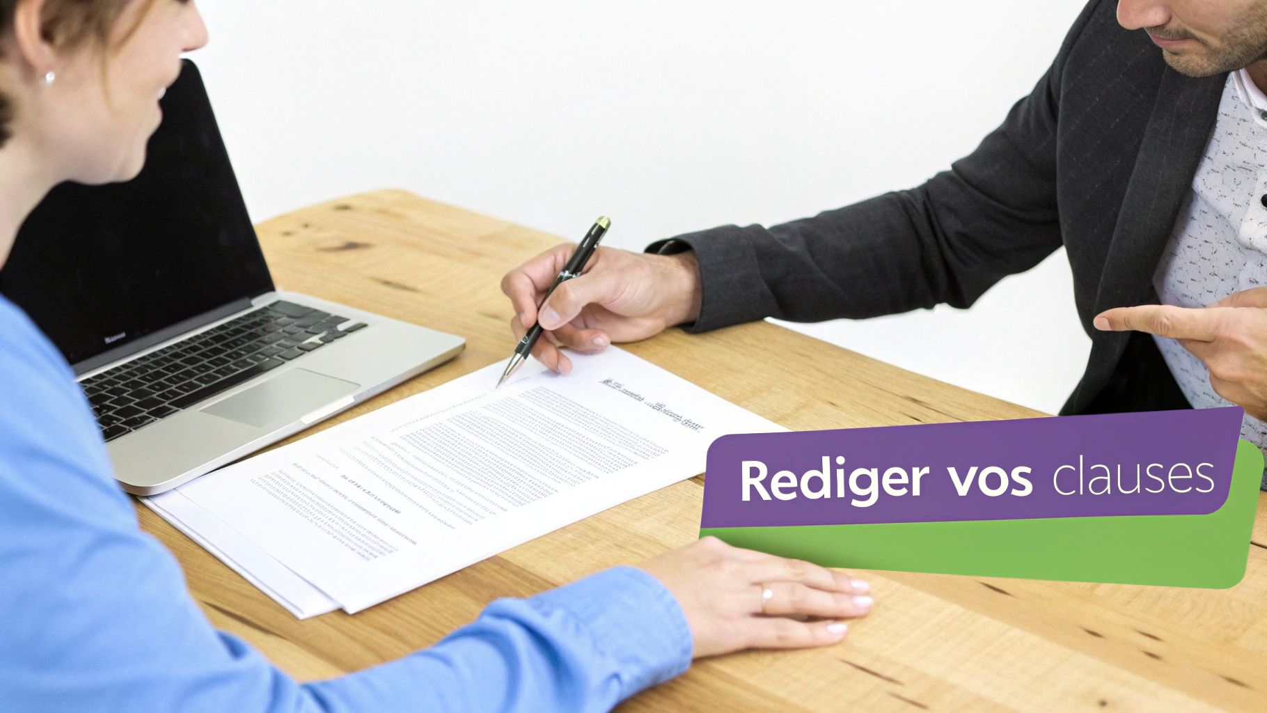 Deux personnes signant un contrat immobilier avec un ordinateur portable