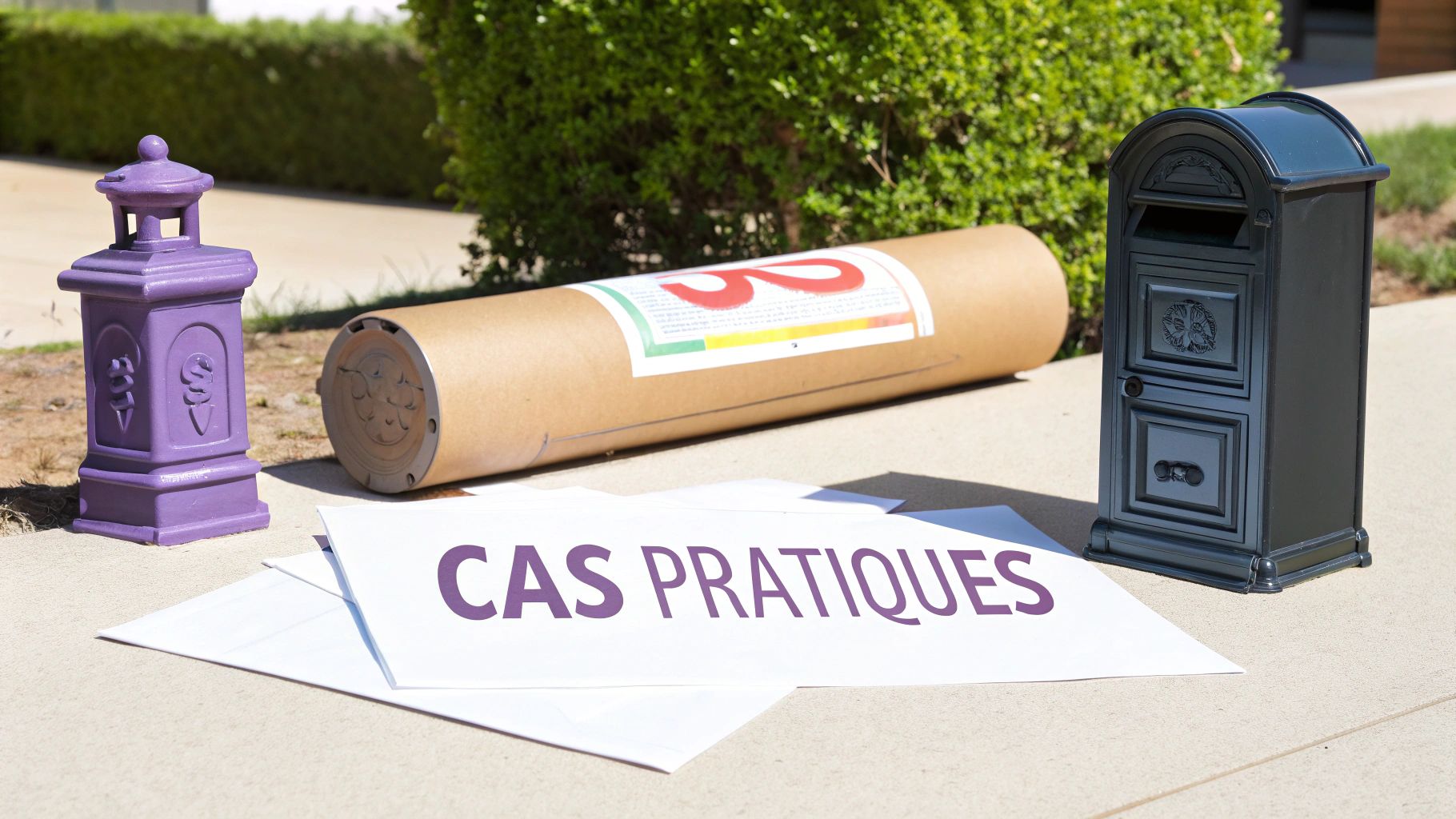 Scène extérieure avec boîte aux lettres et documents évoquant des cas pratiques de dépassement de date butoir