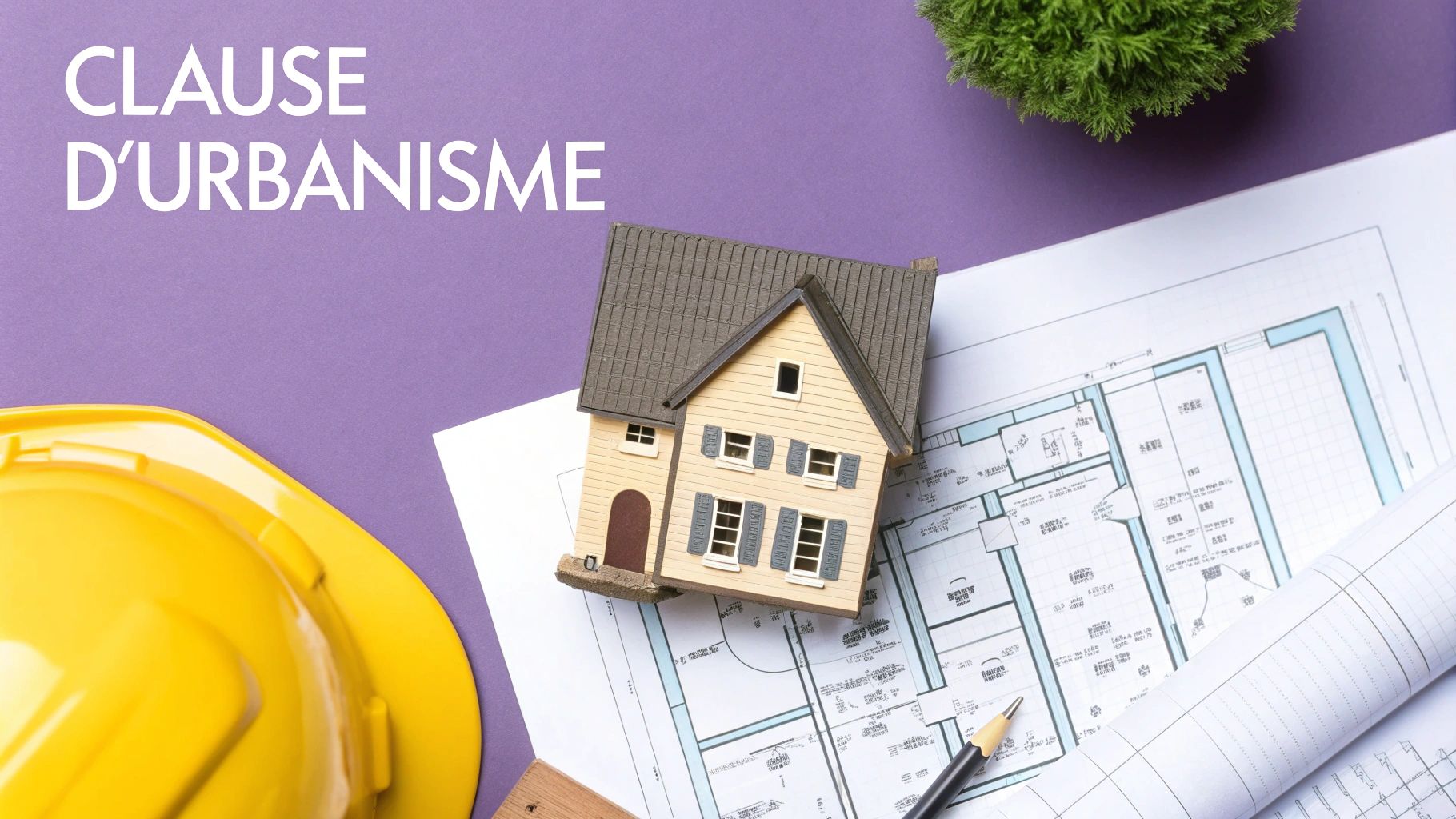 Plans d'architecte et permis de construire sur une table, illustrant la clause suspensive d'urbanisme.