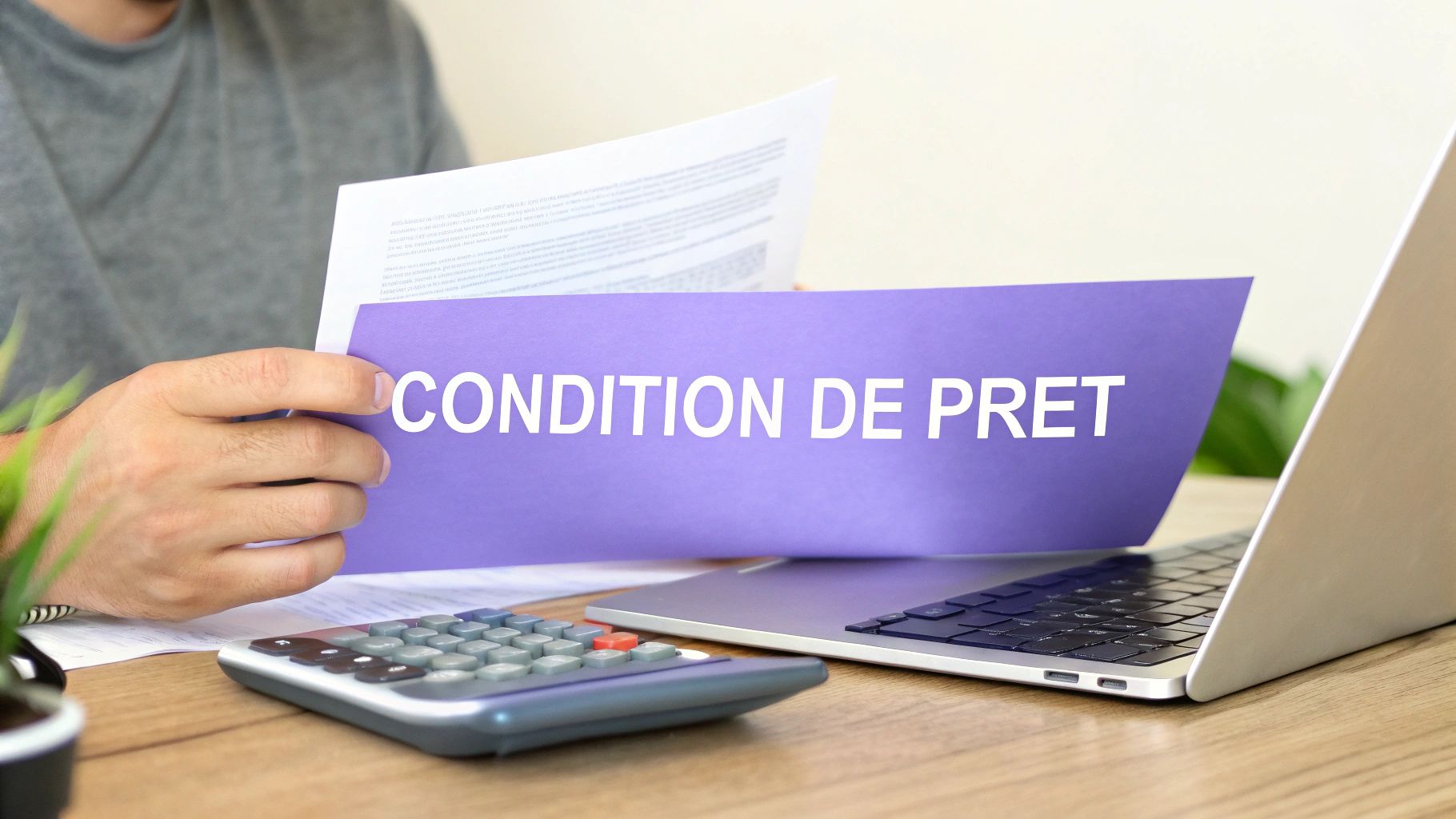 Simulation de prêt immobilier sur un ordinateur portable, illustrant la clause suspensive de financement.