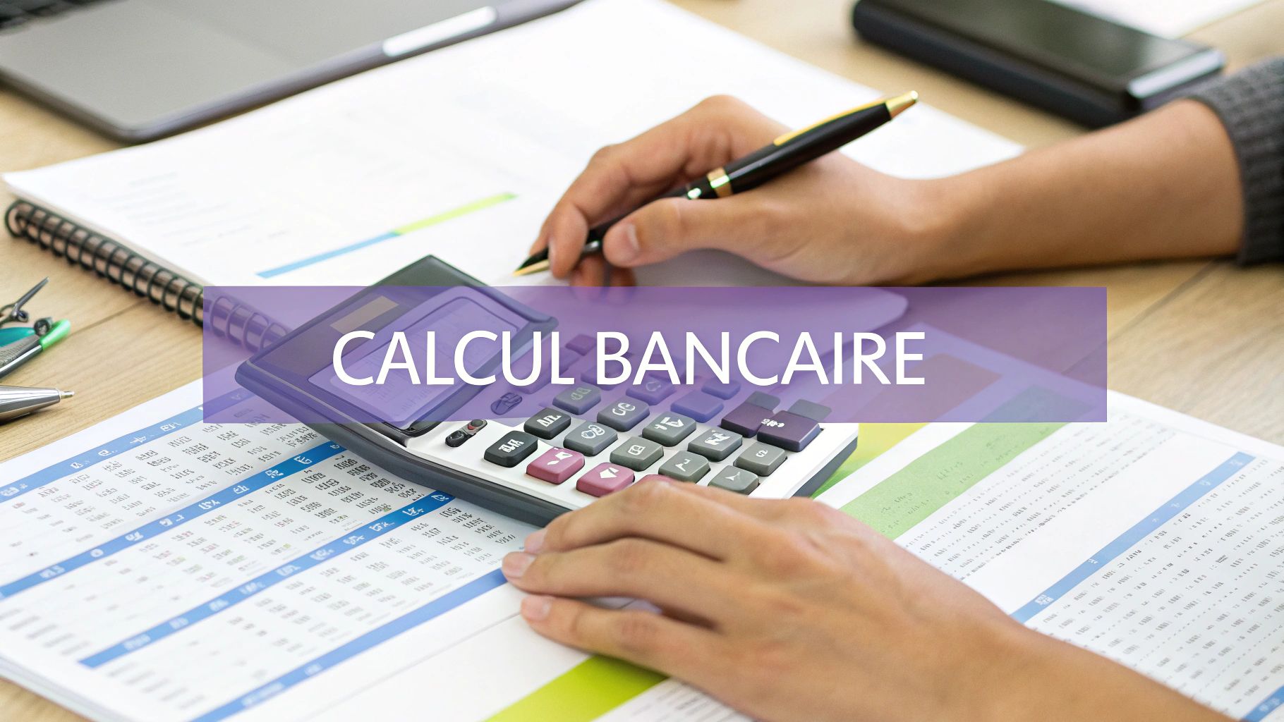 Une personne analysant des documents financiers avec une calculatrice pour simuler un calcul bancaire