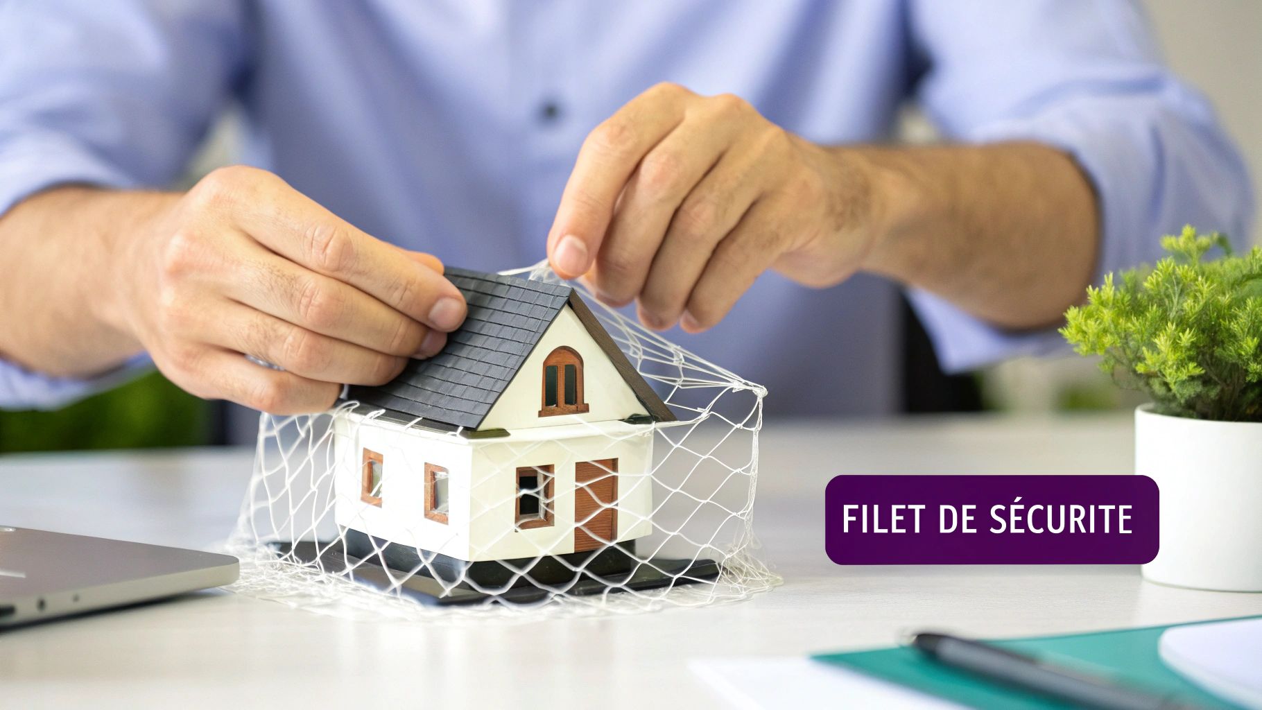 Mains protégeant une maison miniature avec un filet de sécurité symbolisant les clauses suspensives immobilières
