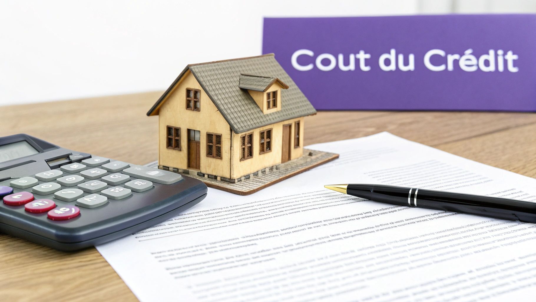 Une calculatrice et un plan de maison sur un bureau, symbolisant le calcul des coûts immobiliers.