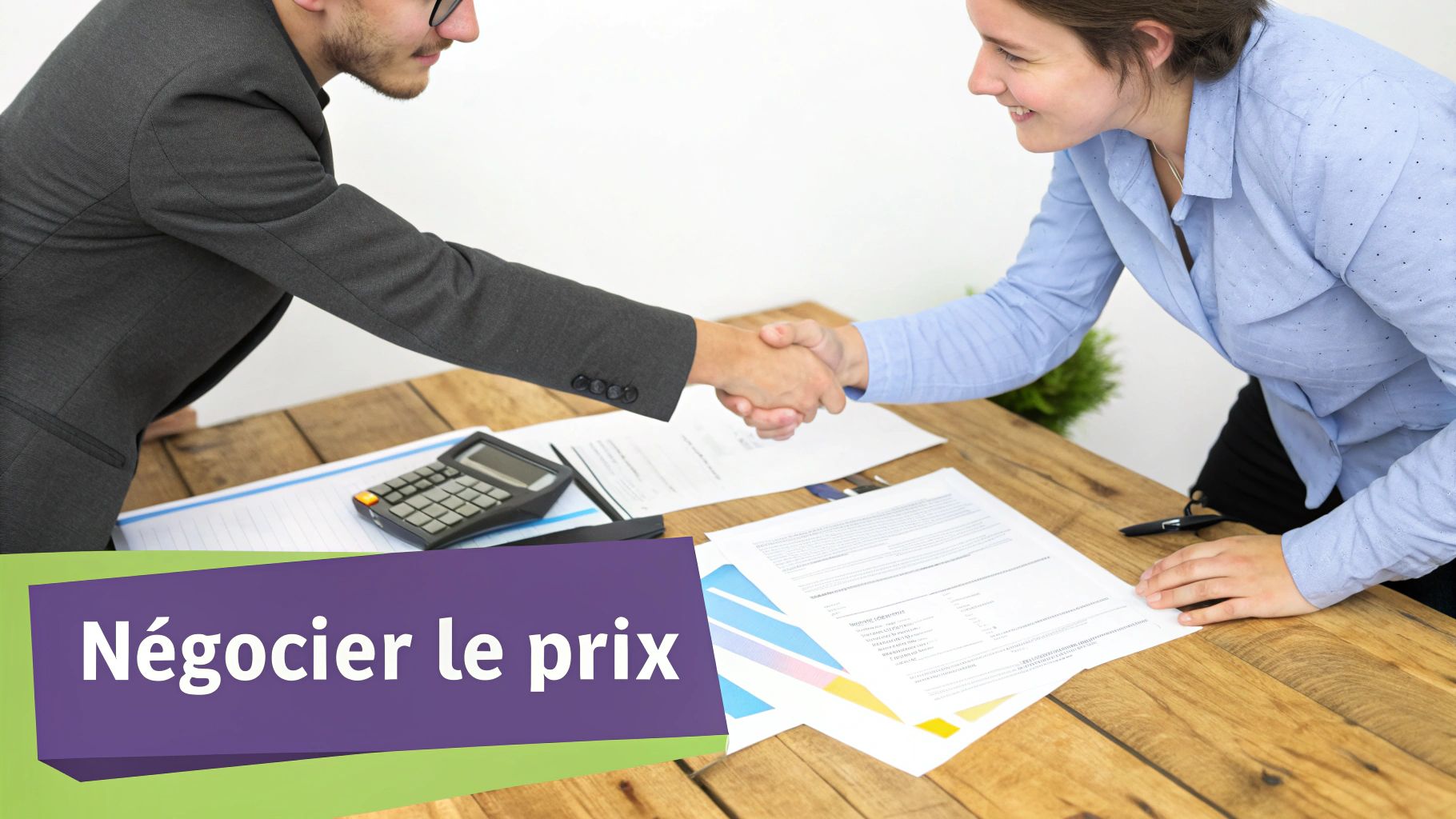 Une calculatrice et des clés posées sur des plans d'architecte, symbolisant la négociation du prix