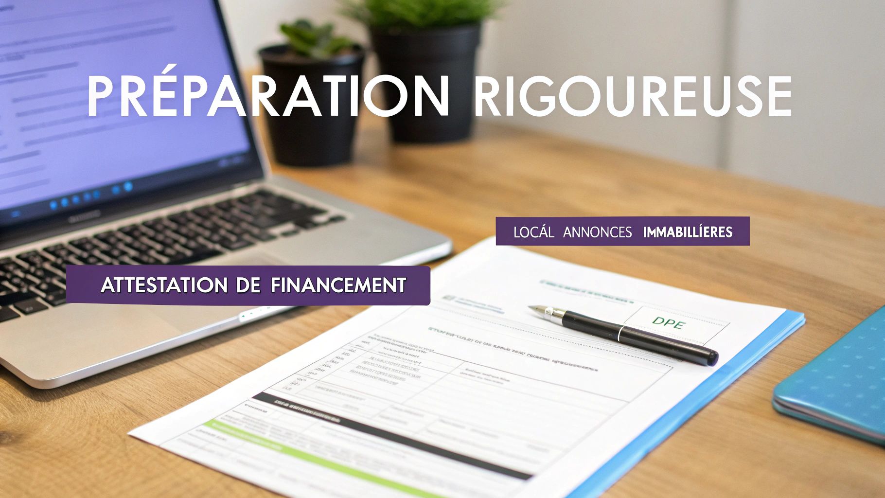 Personne analysant des documents financiers et immobiliers sur un bureau bien organisé