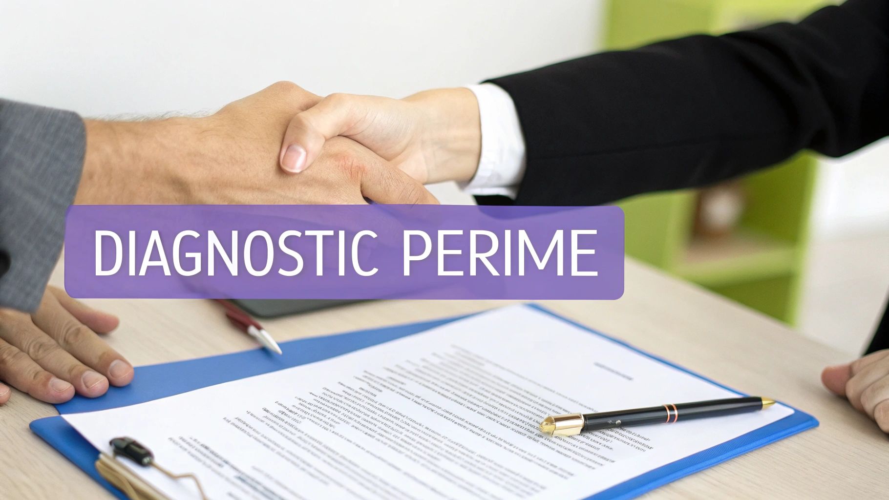 Deux personnes se serrent la main au-dessus de documents mentionnant "diagnostic périmé"