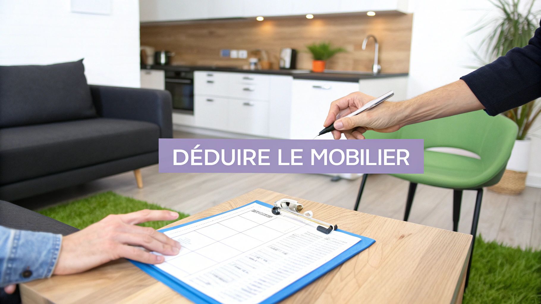 Une cuisine moderne et équipée dans un appartement, illustrant les biens meubles déductibles des frais de notaire.