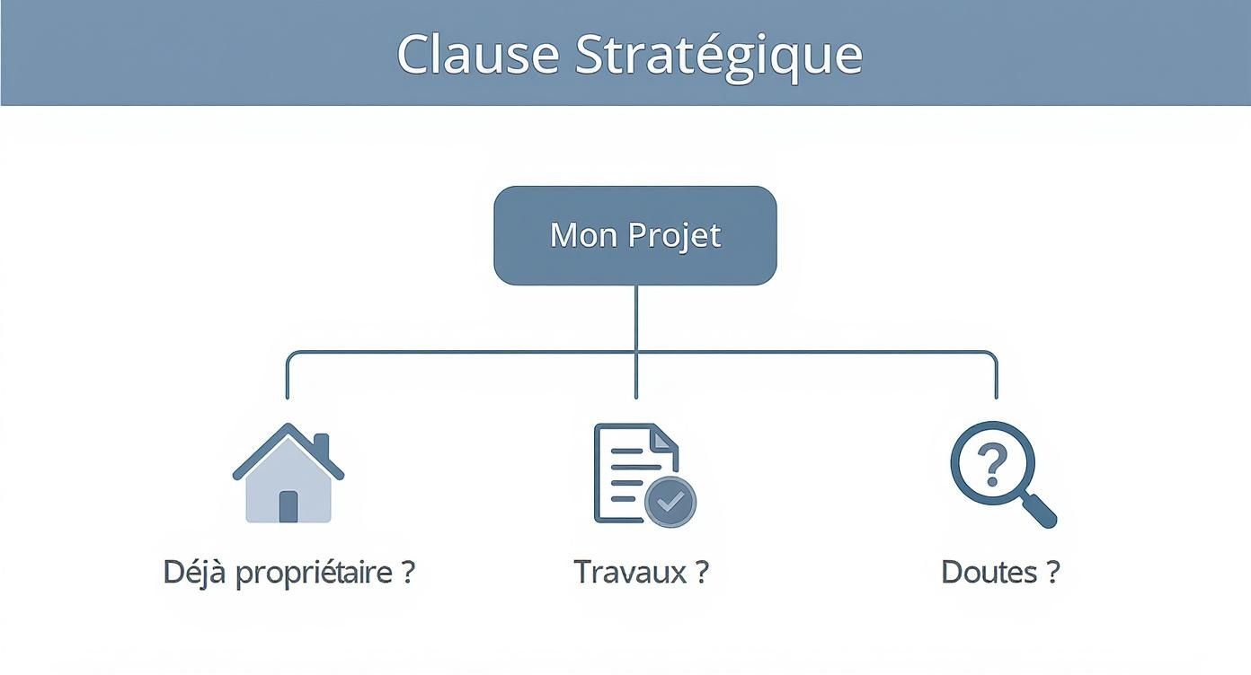Cet arbre de décision illustre comment choisir vos clauses suspensives en fonction de votre projet immobilier, que vous soyez déjà propriétaire, que vous envisagiez des travaux ou que vous ayez des doutes spécifiques sur le bien.