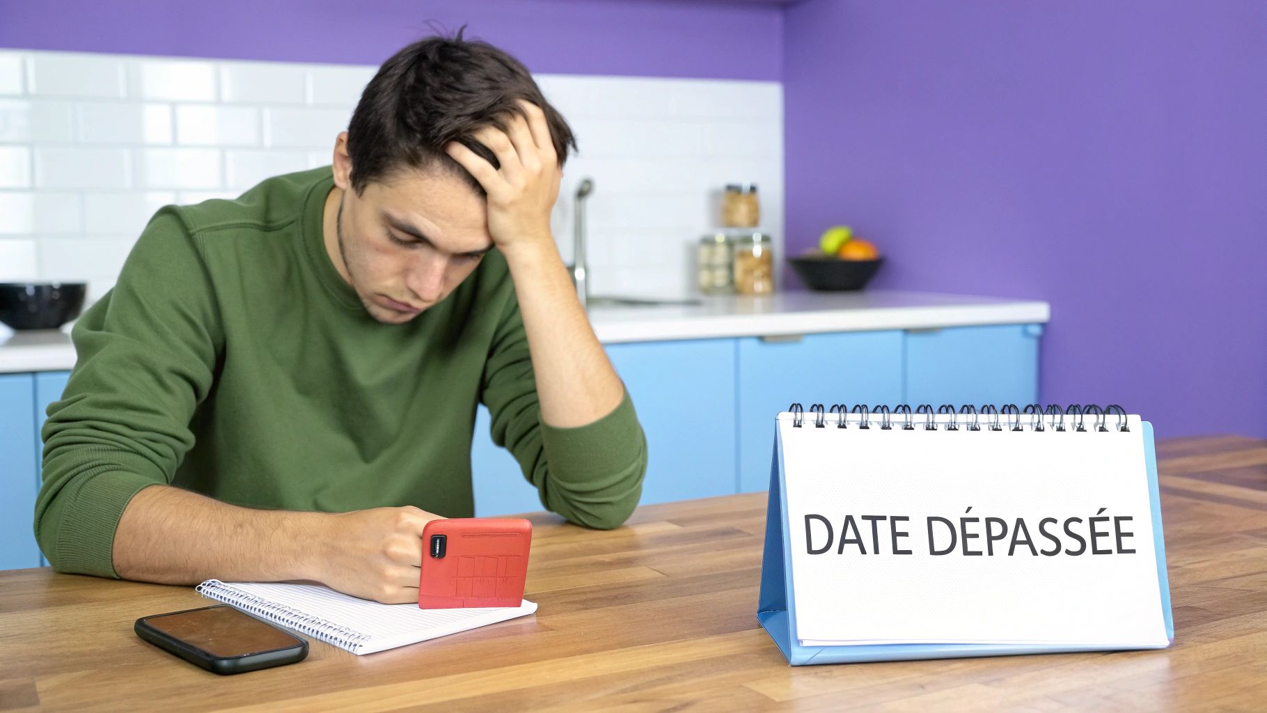 Jeune homme stressé regardant son téléphone devant un calendrier affichant une date dépassée
