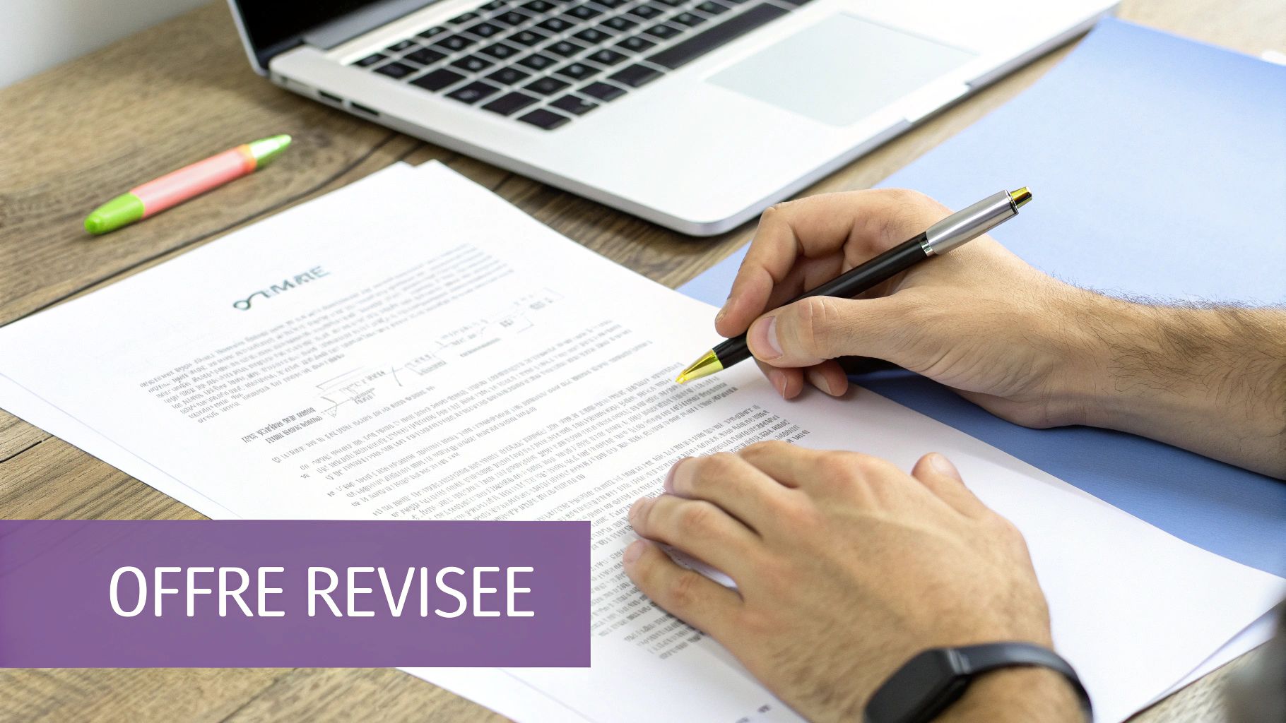 Personne rédigeant un document sur un bureau en bois