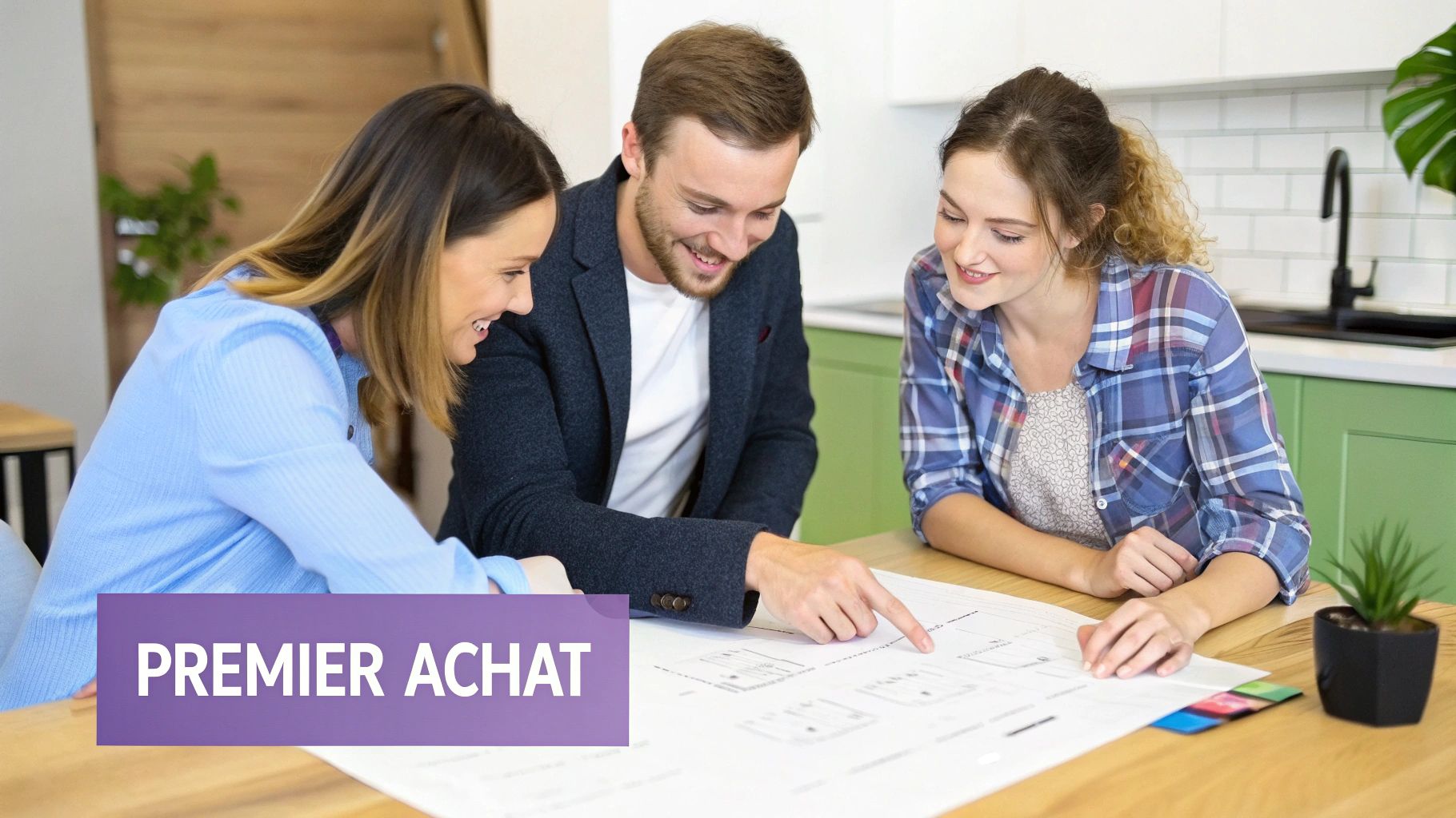 Couple souriant examinant des plans pour leur premier achat immobilier