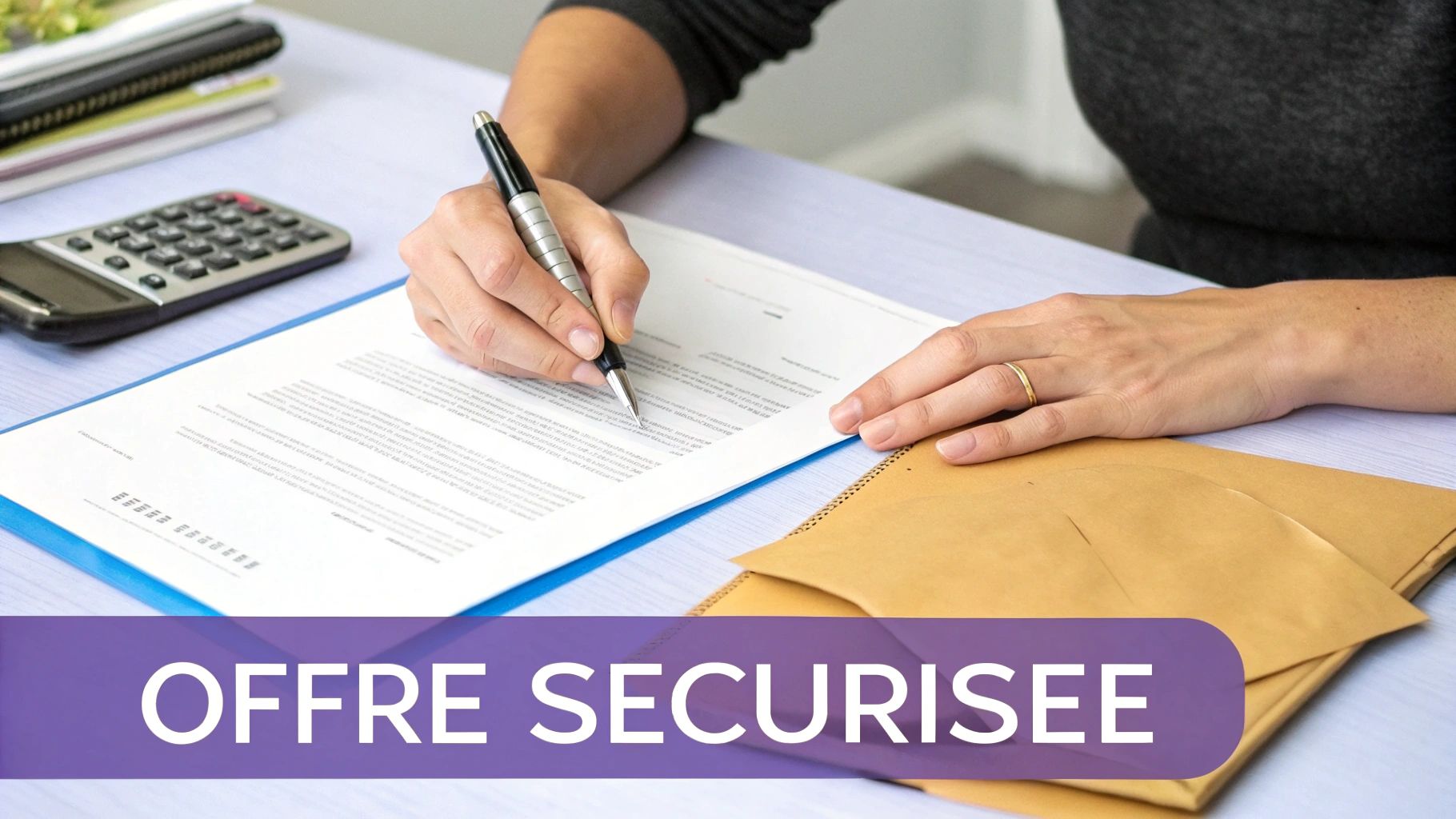 Une personne rédigeant un document important sur un ordinateur portable, symbolisant la rédaction d'une offre d'achat