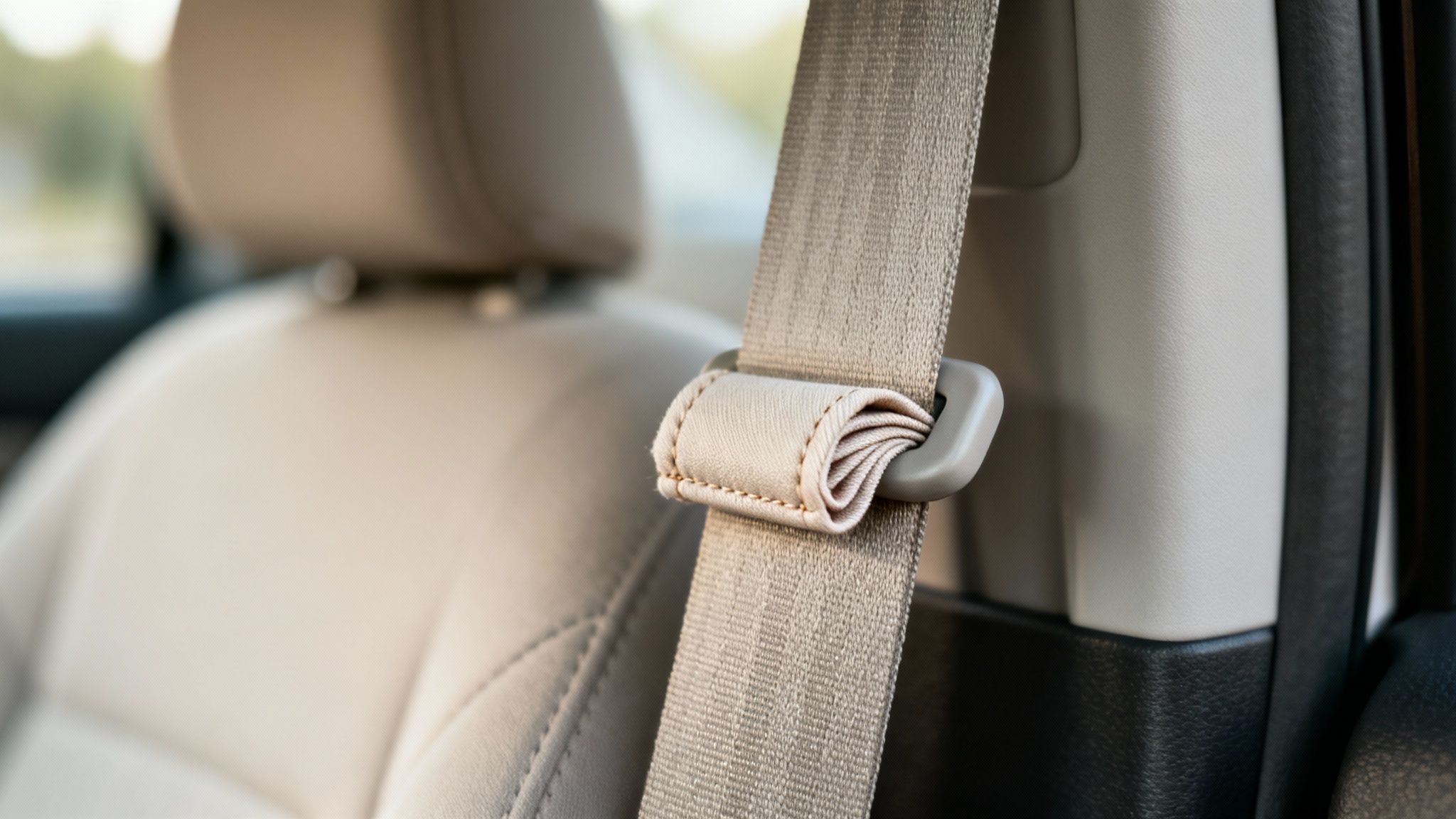 A close-up view of a car's beige seat belt with an extra fabric loop or clip.