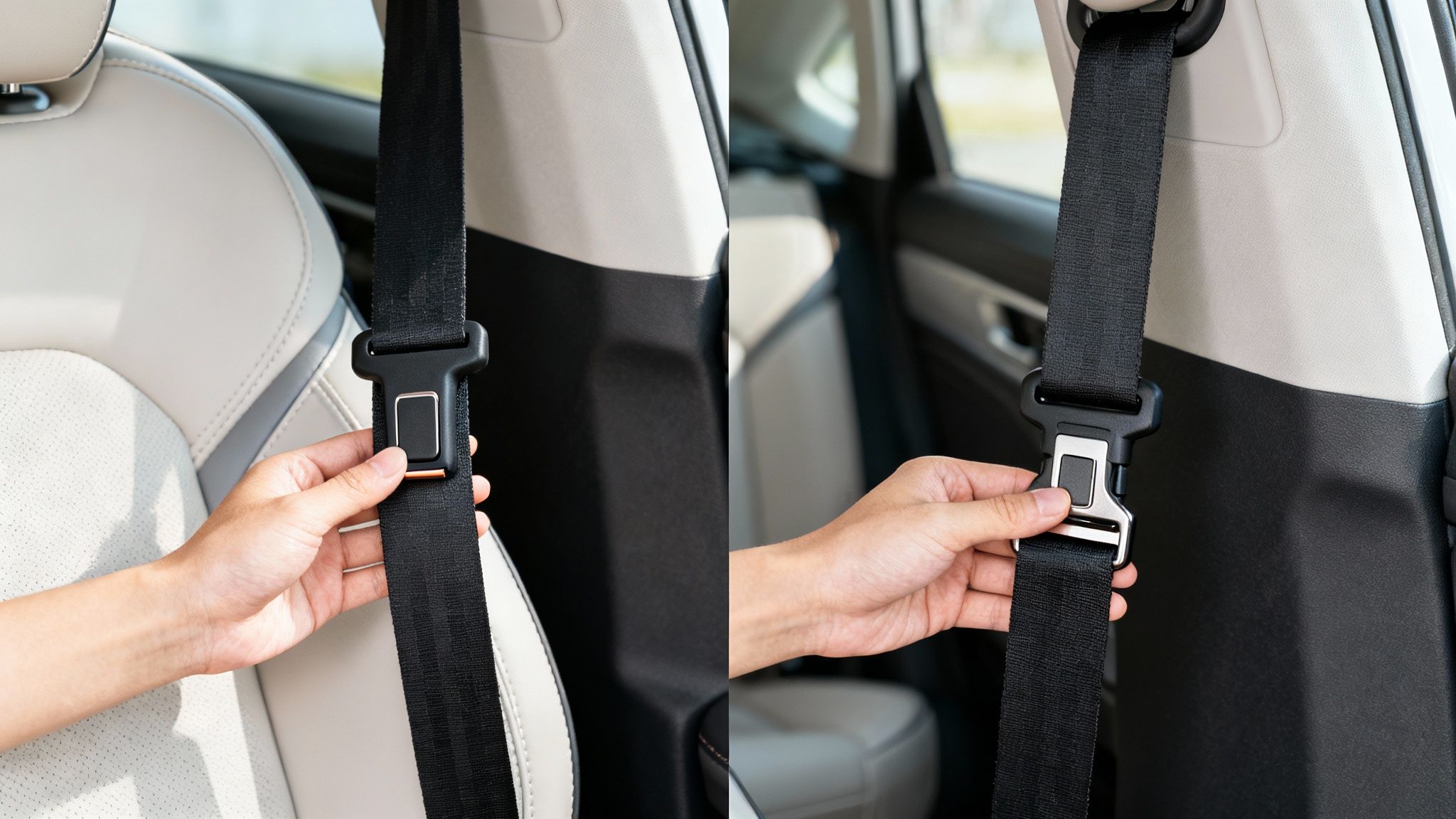 Two diagrams comparing how a seat belt adjuster repositions a belt path versus how an extender adds length.