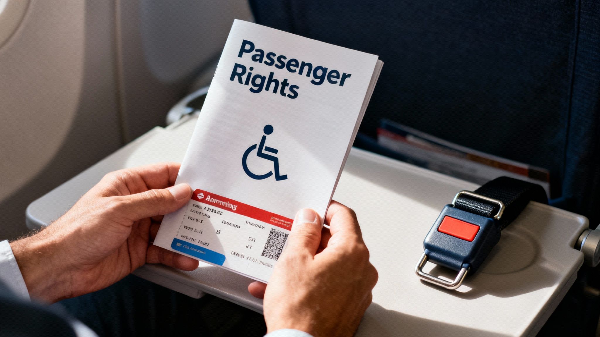 A person holds a 'Passenger Rights' document with a disability symbol inside an airplane cabin.