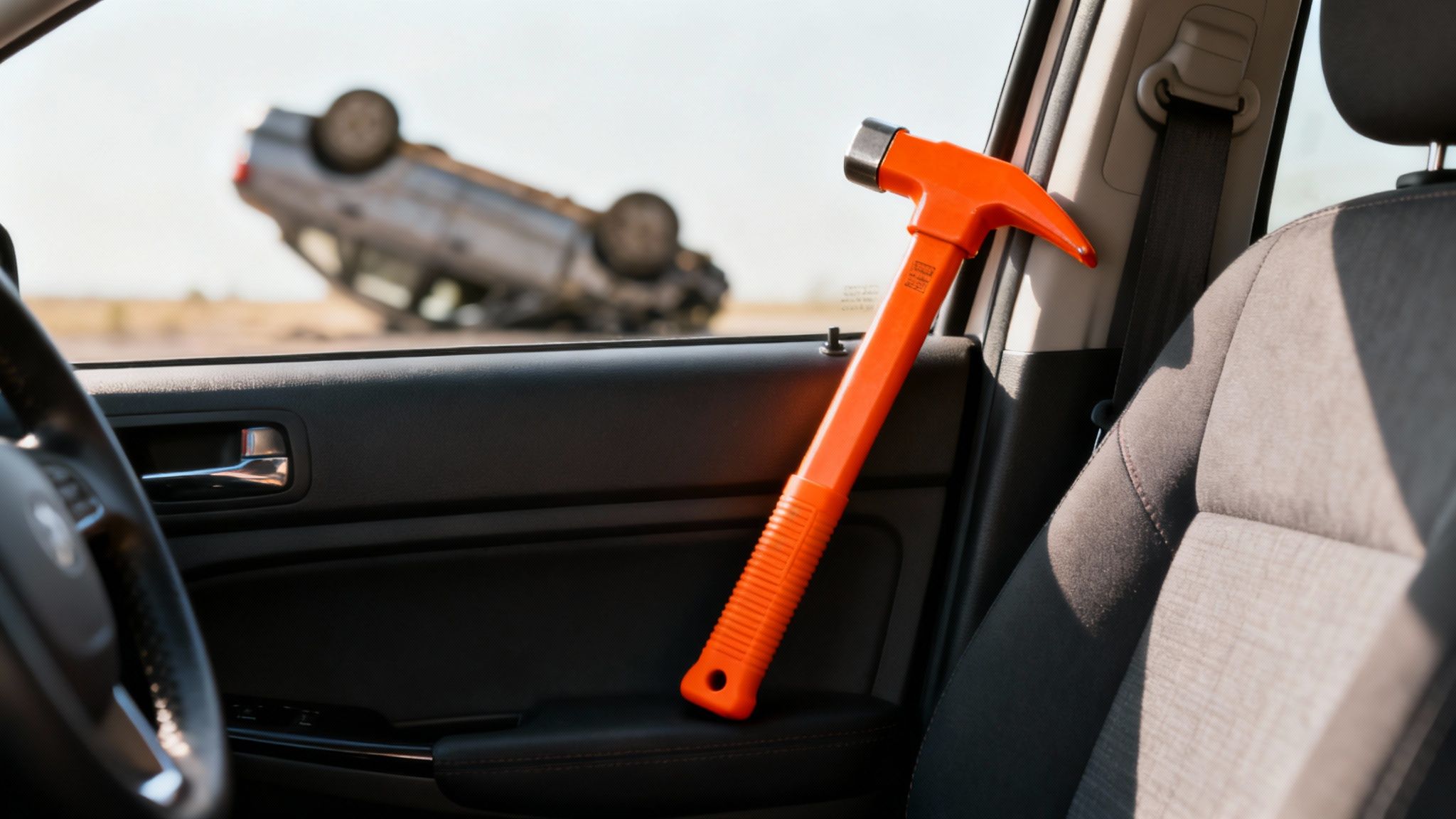 A car safety hammer mounted inside a vehicle's door pocket for easy access.