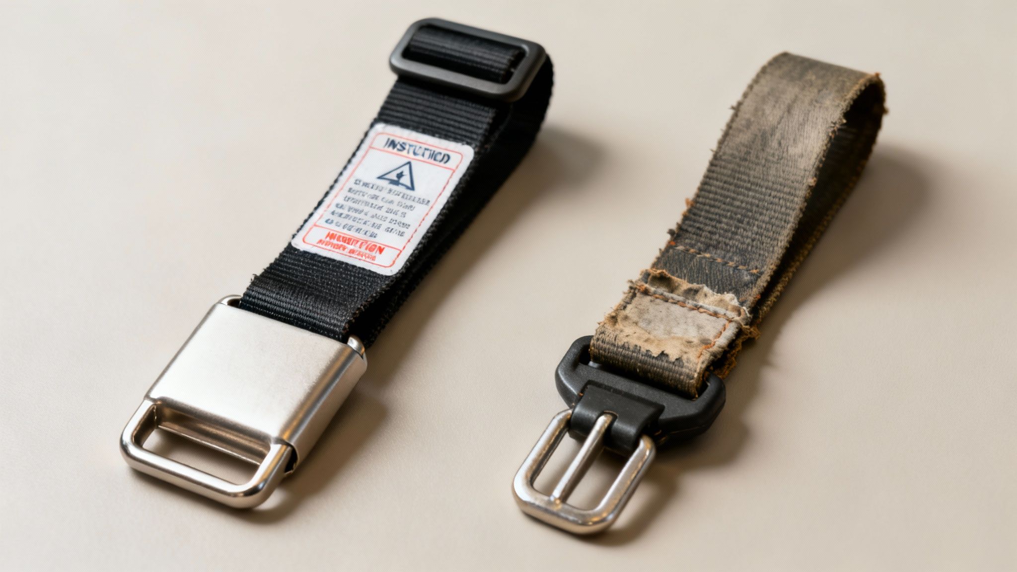A new, black seat belt extender with a silver buckle compared to an old, worn, and frayed one.