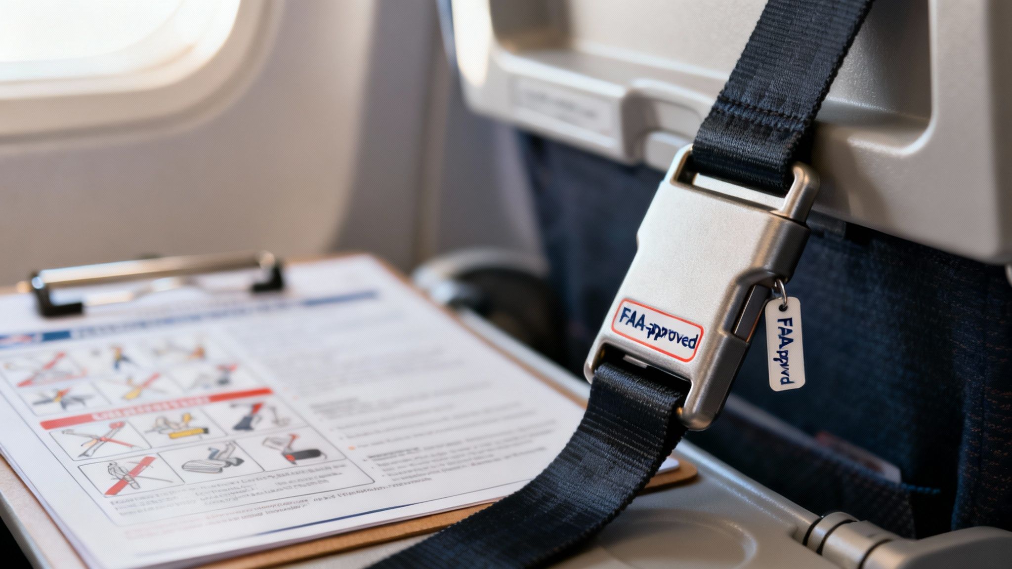 A close-up of an FAA-approved airplane seatbelt buckle, a safety instruction sheet, and a window.
