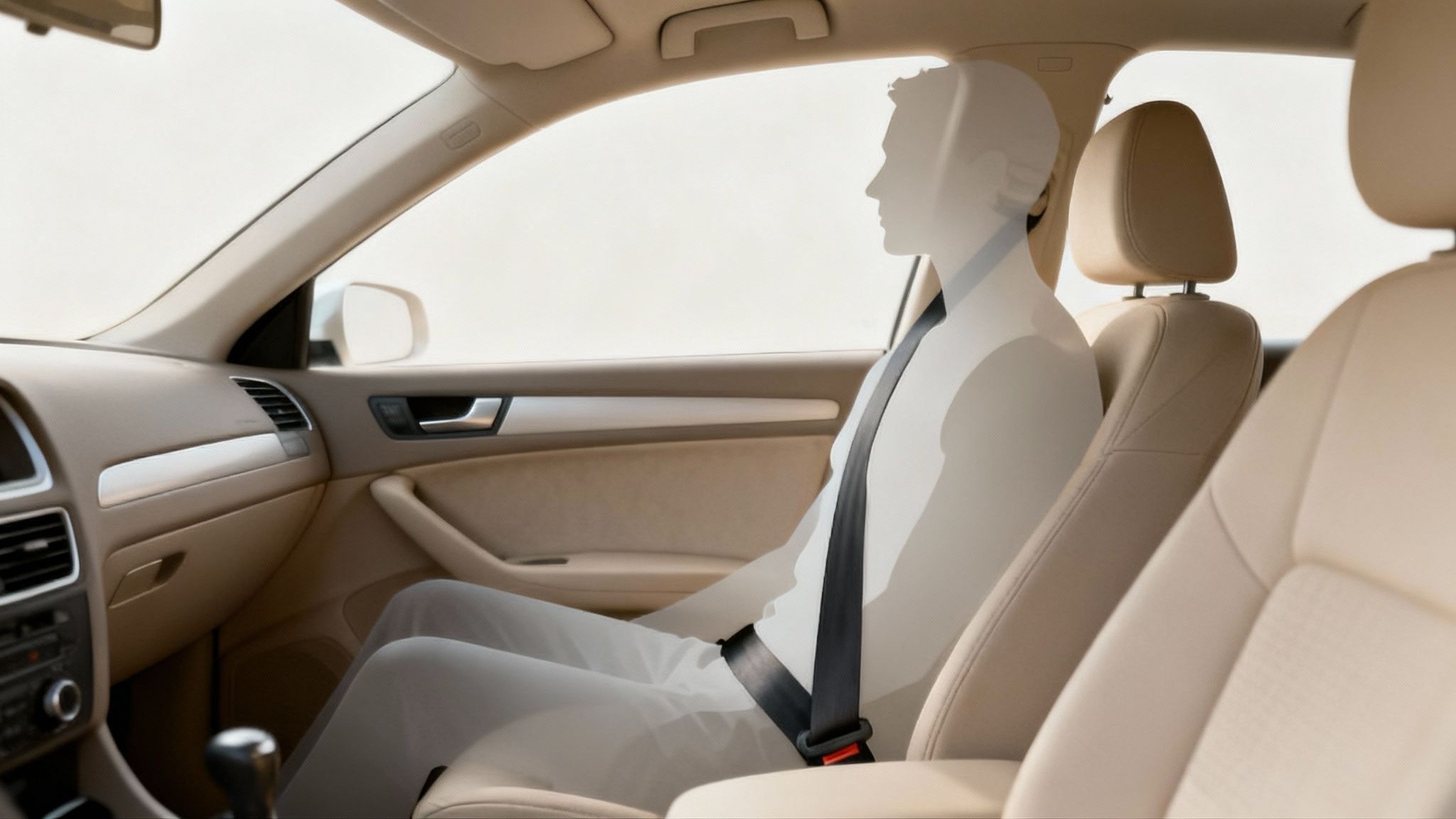 Inside a car, a dummy figure wears a seatbelt with a visible extra loop on its shoulder.