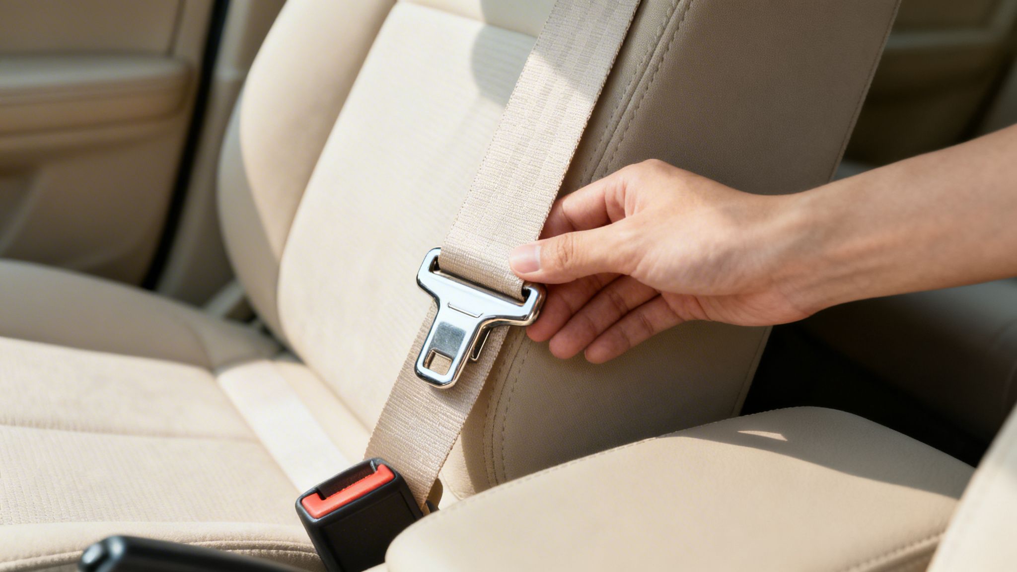 A person's hand holds a beige car seat belt buckle, preparing to fasten it.