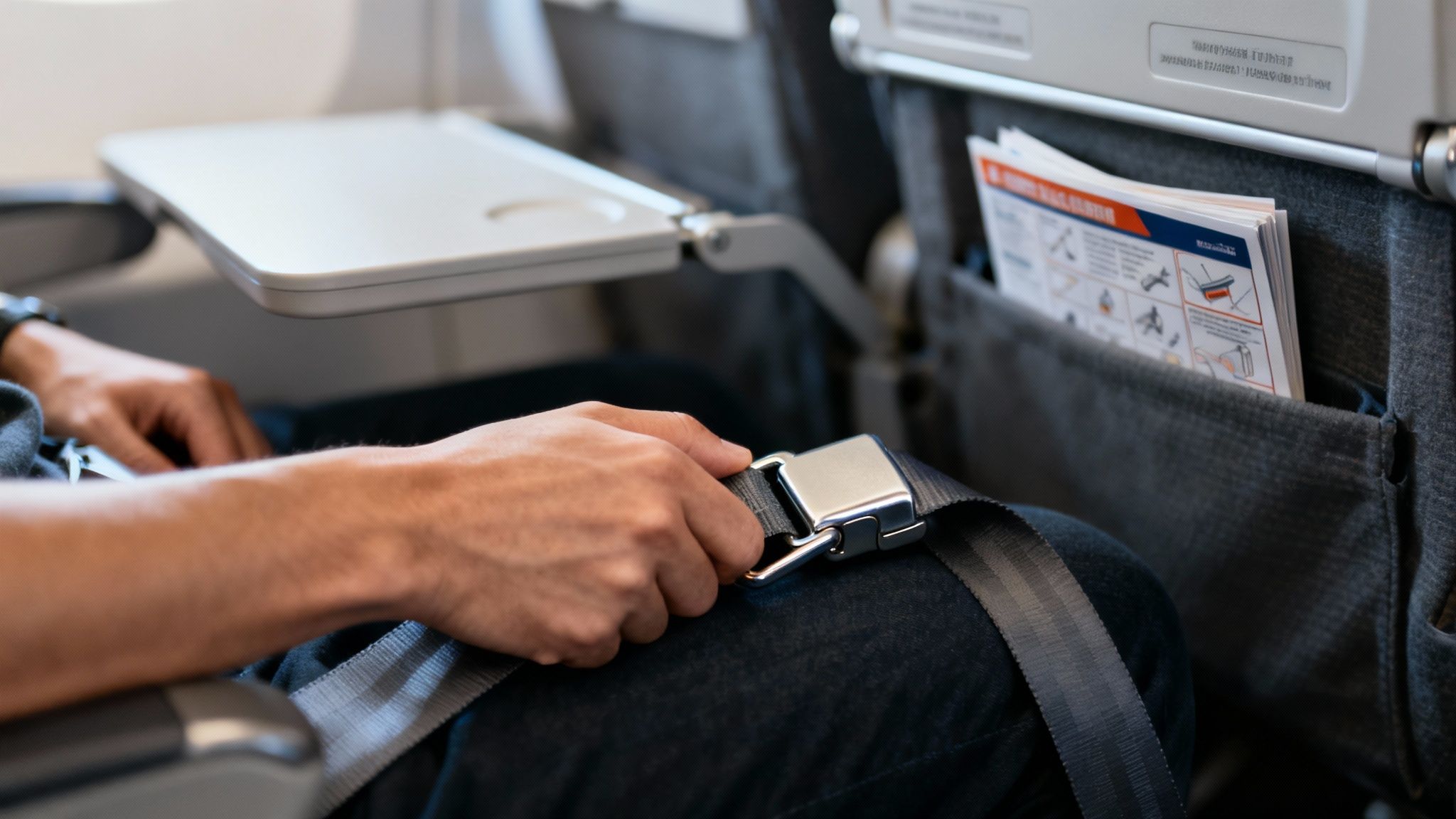 A close-up view of an airplane seat belt buckle being fastened.
