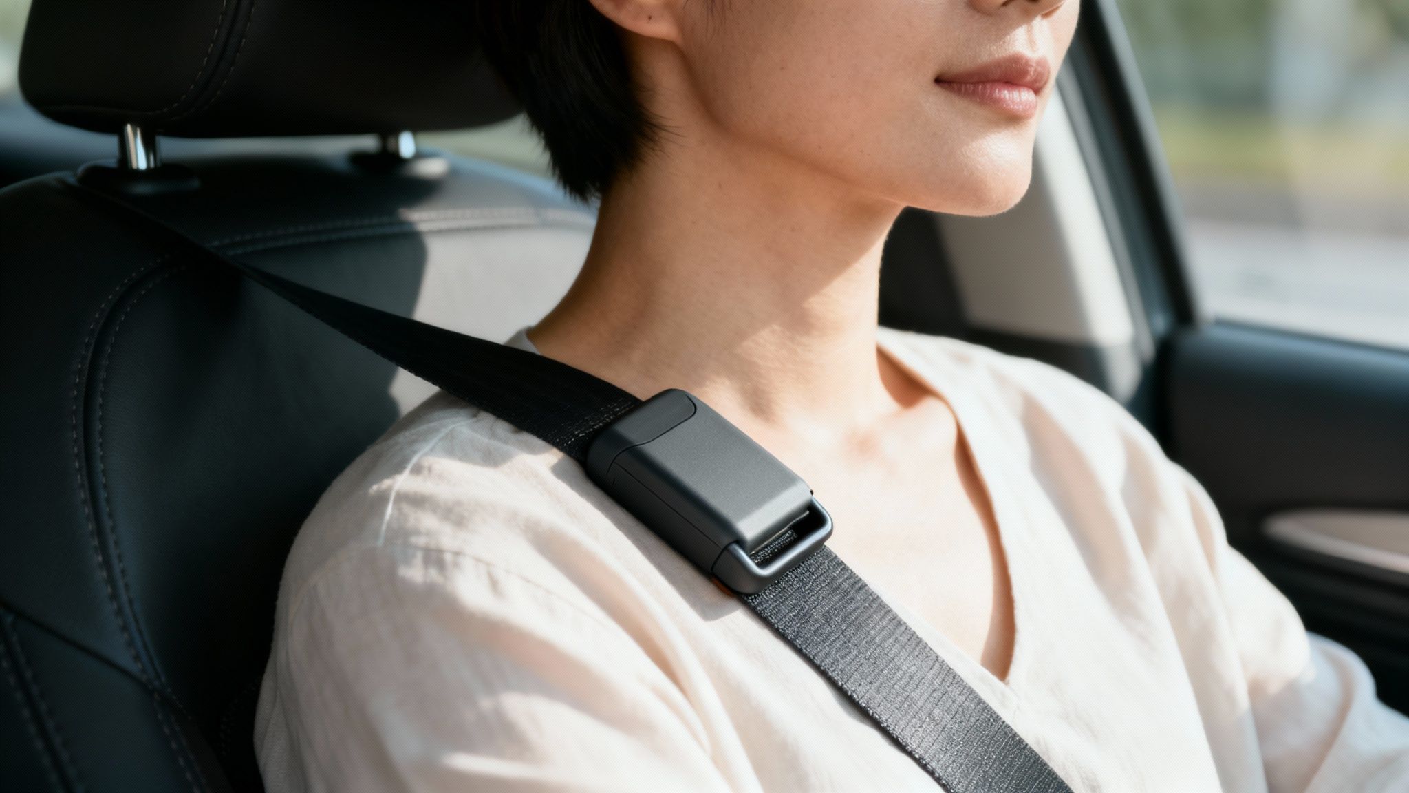 Woman wearing properly adjusted seat belt with black adjuster clip in car