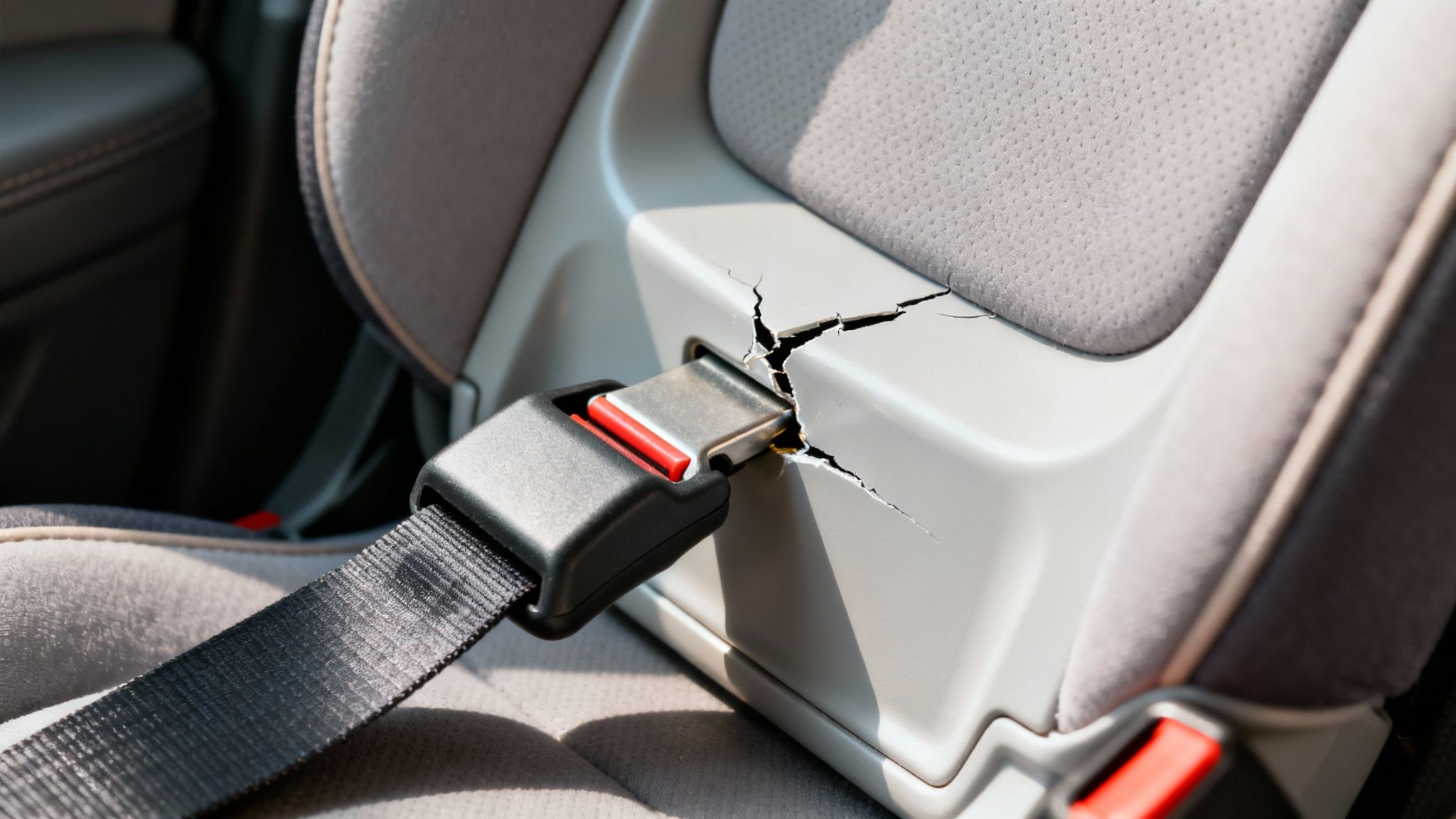 A close-up view of a car seat belt buckle with its surrounding plastic housing severely cracked.