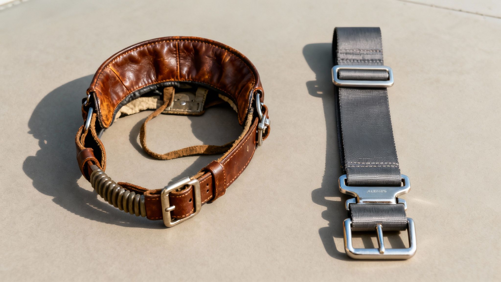 A vintage brown leather collar and a modern grey airline-style seat belt with metal buckles.