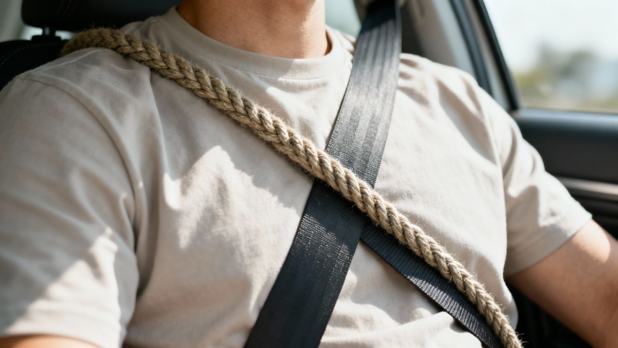 A close-up of a person fastening their seat belt, highlighting the webbing and buckle.