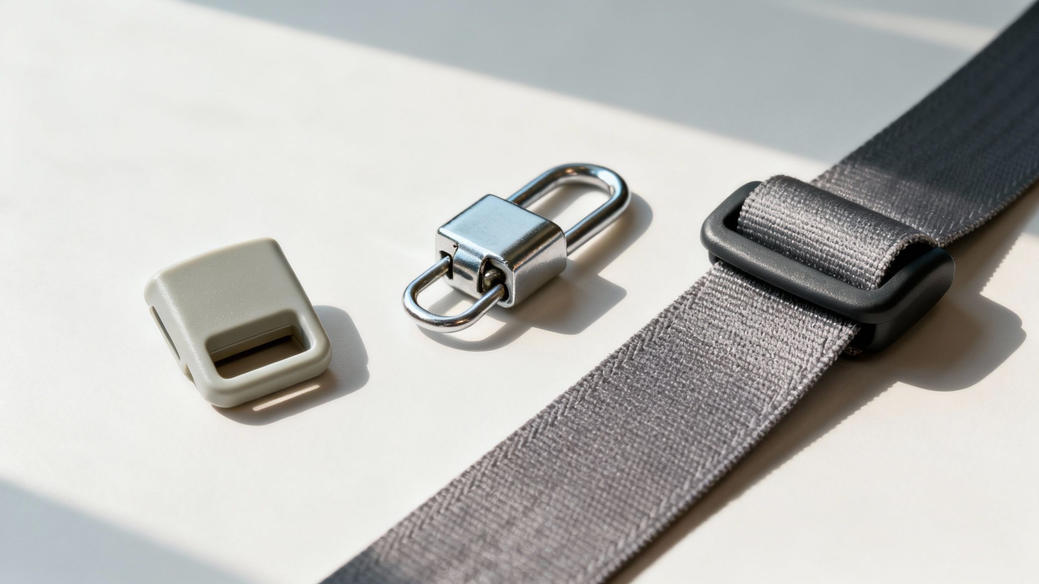 Gray fabric seat belt strap with adjustable buckle clip and metal padlock hardware components