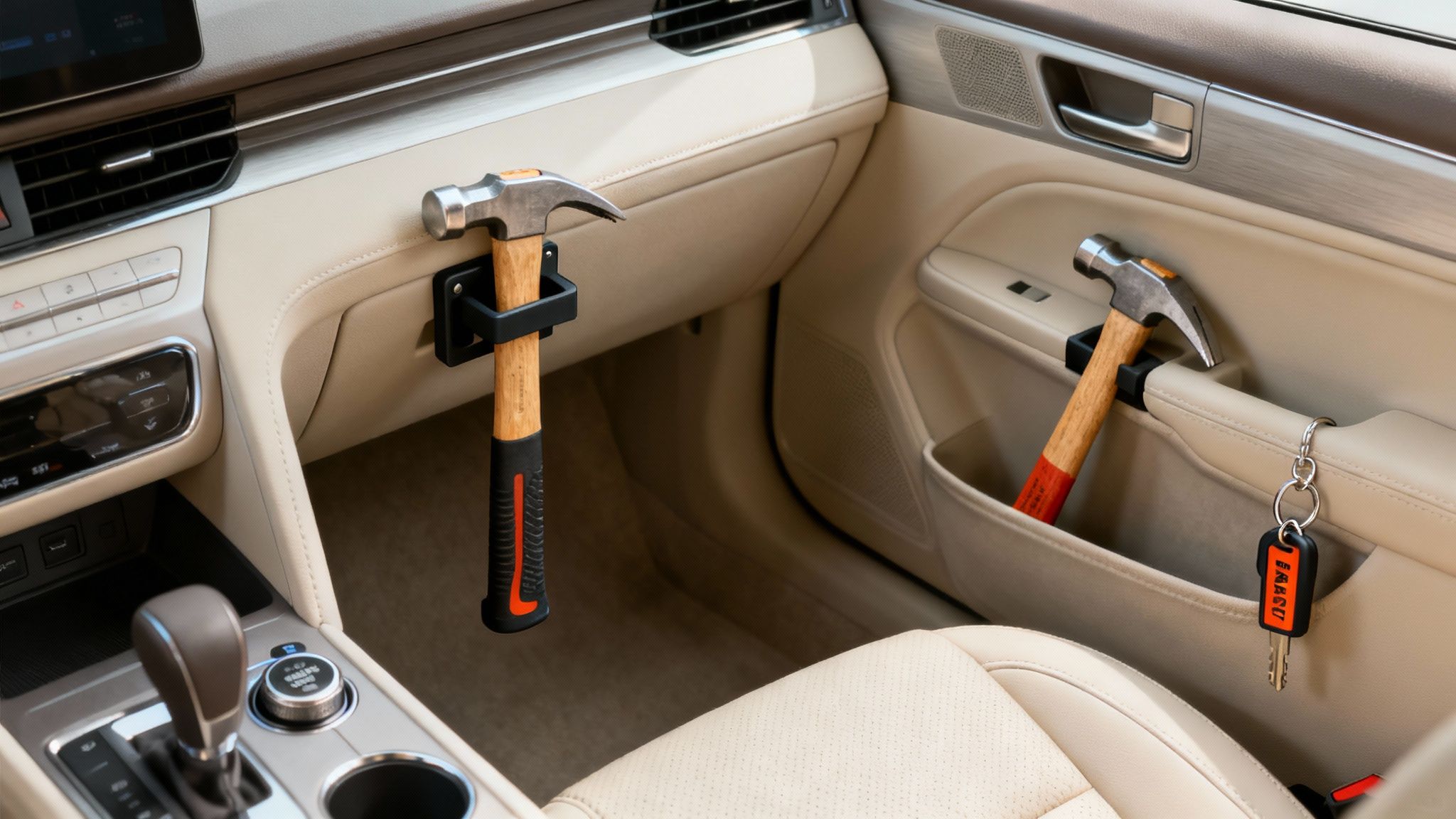 A car safety hammer mounted securely on the center console, within easy reach of the driver.